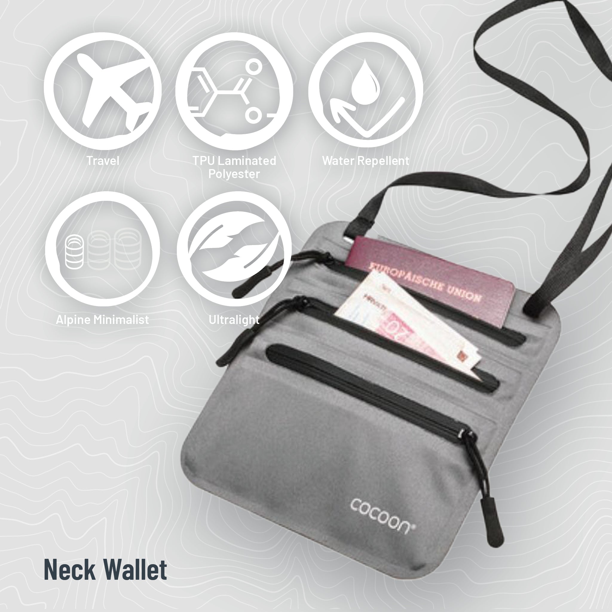 COCOON Secret Neck Wallet hanging around neck, compact design for secure storage of valuables, black fabric with subtle branding.