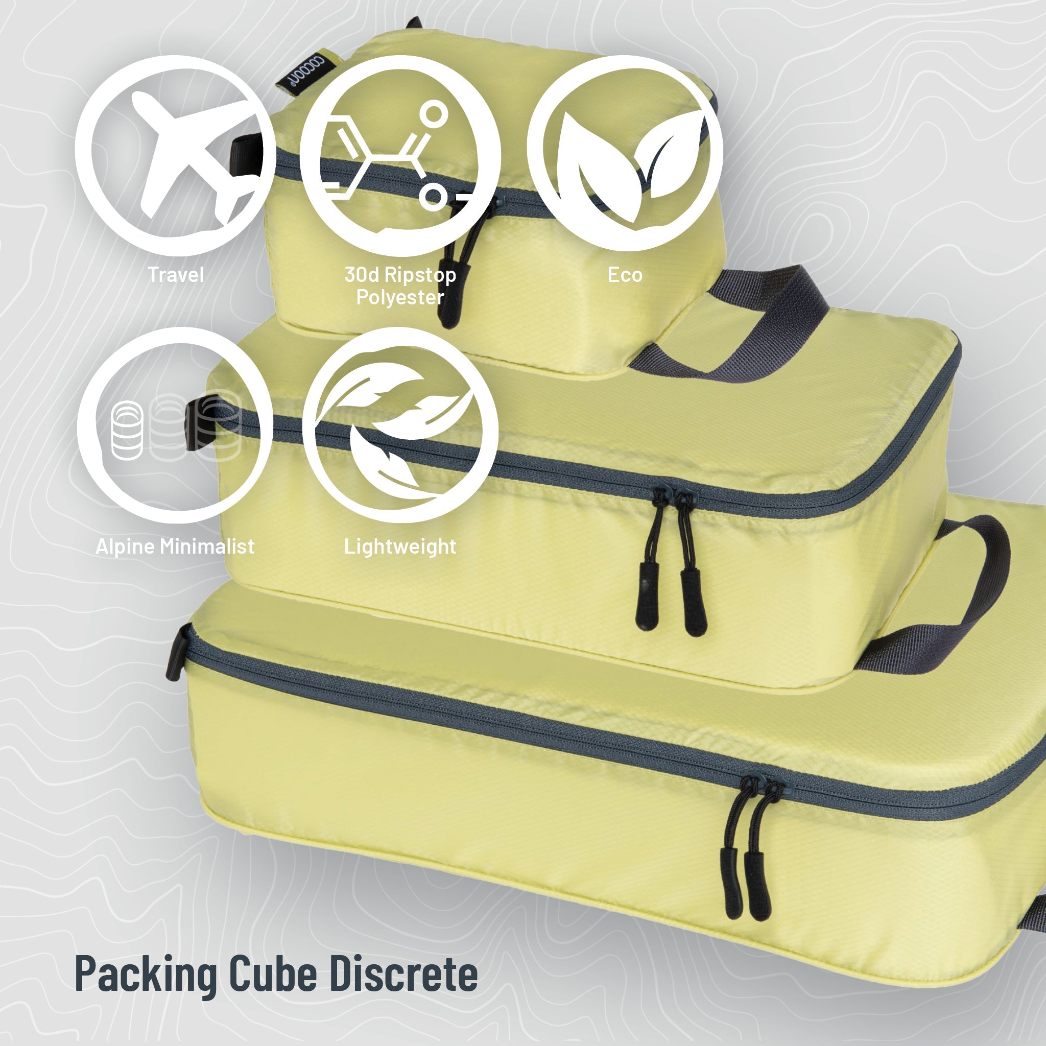 Discrete light travel packing cubes by COCOON, compact organizer set for efficient packing and organization.