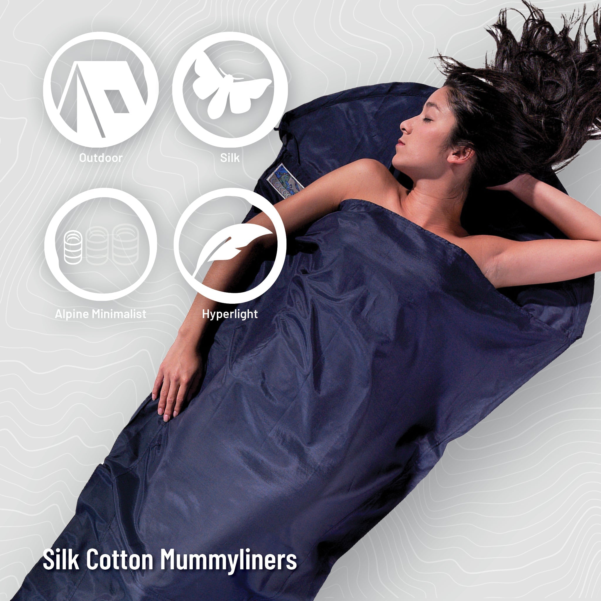 COCOON Silk Egyptian Cotton MummyLiner with soft silk and Egyptian cotton fabric, ideal for added comfort and warmth.