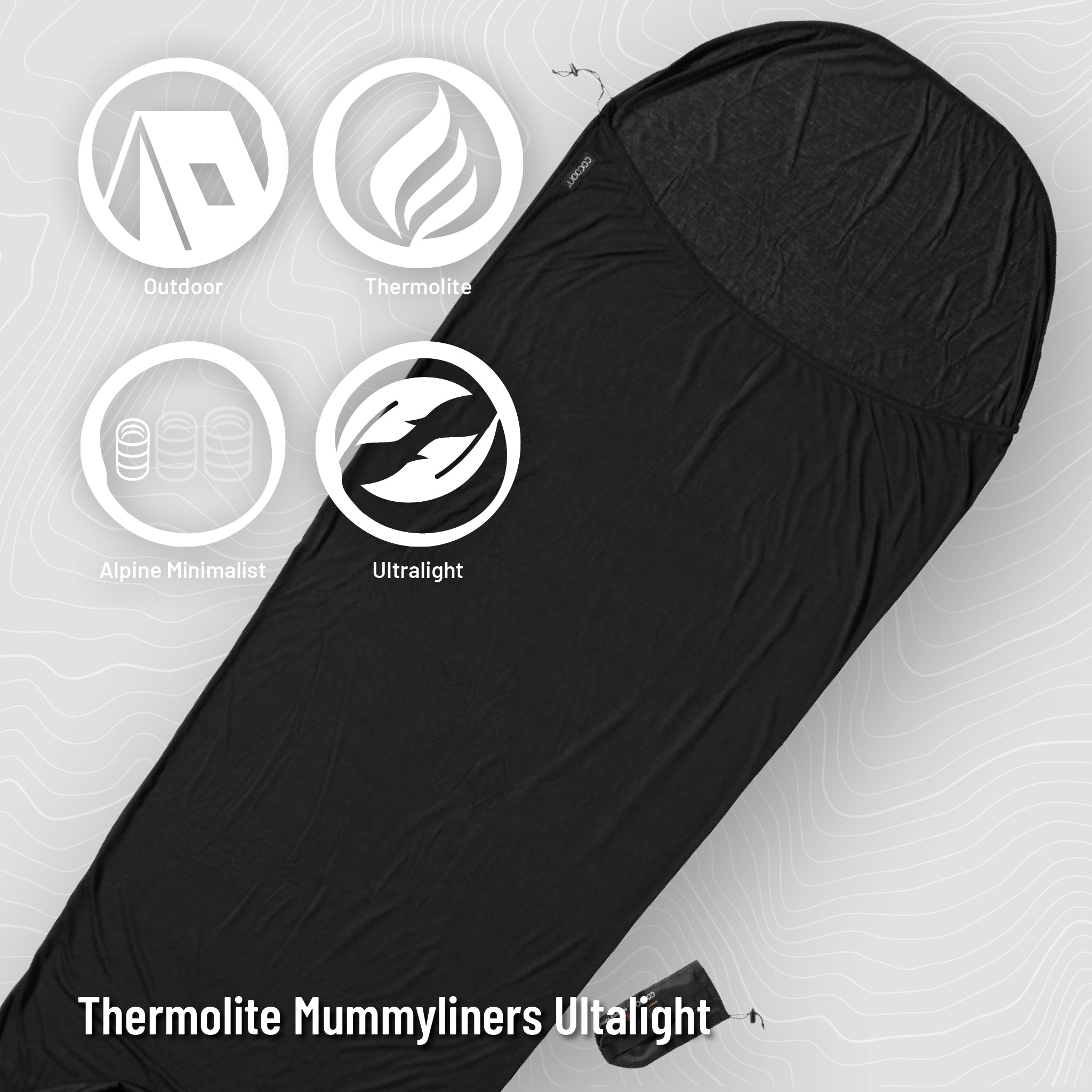 COCOON MummyLiner Radiator Thermolite® sleeping bag liner with thermal insulation, designed for added warmth and comfort.
