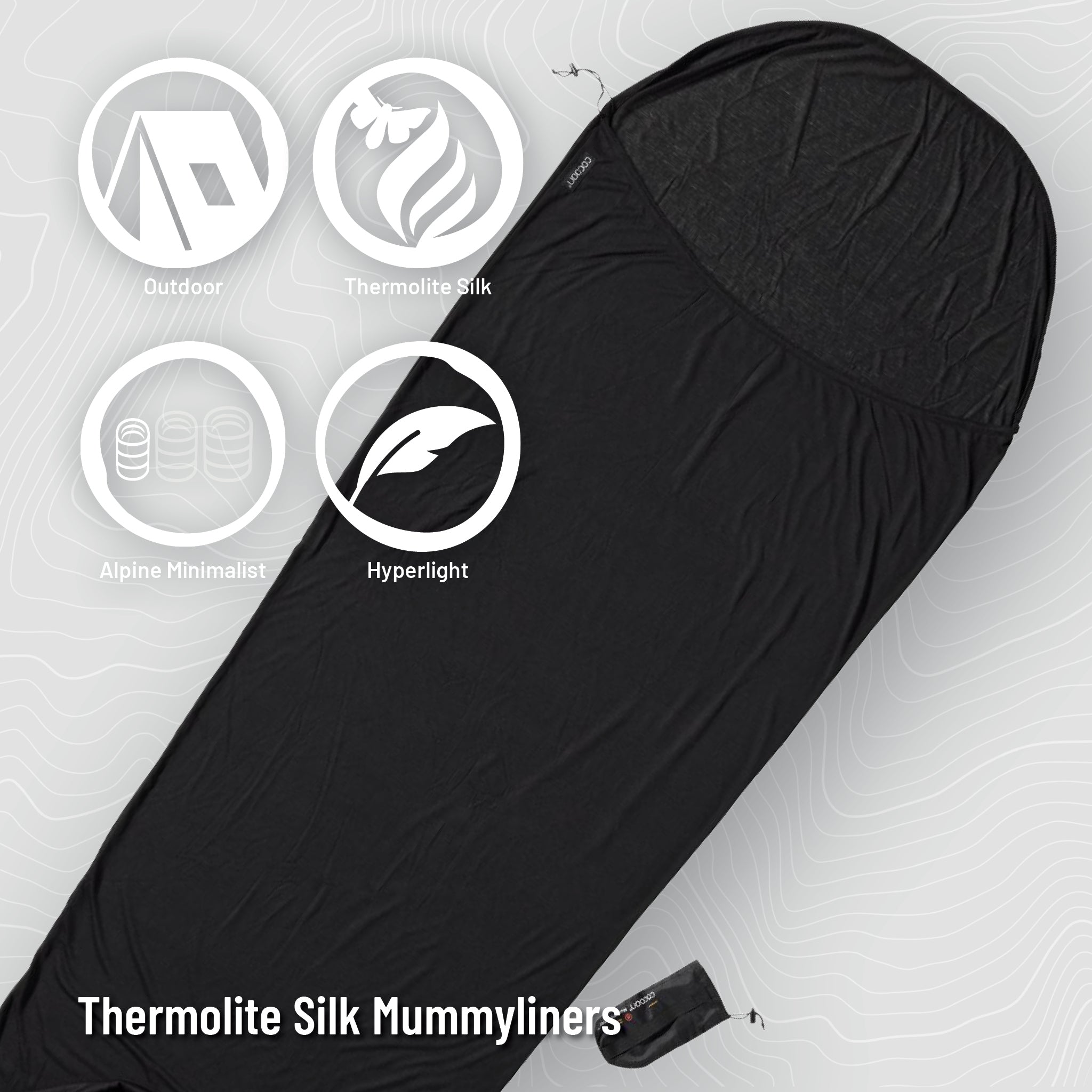 COCOON MummyLiner™ Thermolite® in silkweight fabric, showcasing its lightweight and compact design for camping.