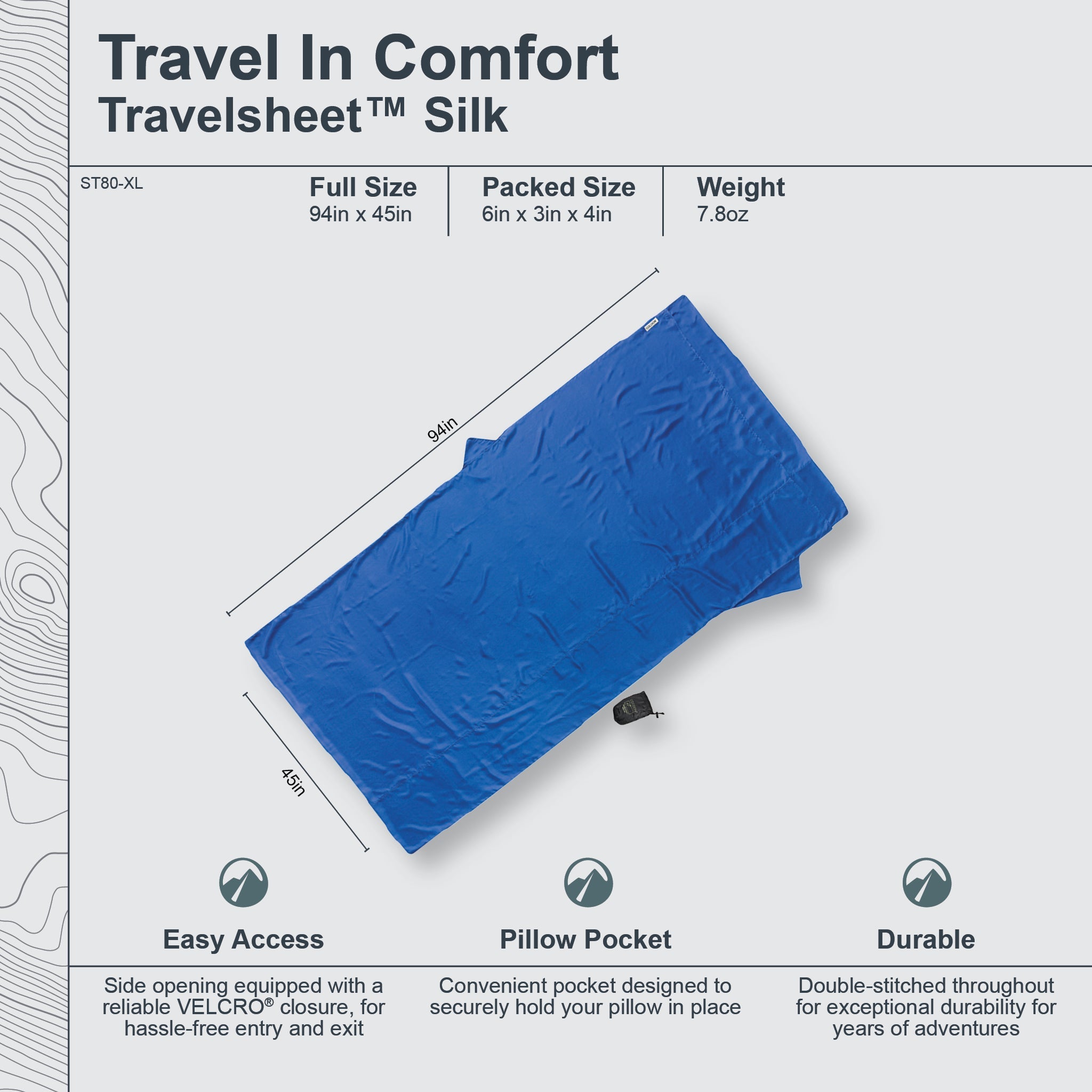 COCOON Silk XL Travel Sheet spread open, showing its smooth, luxurious silk fabric designed for extra-large comfort during travel.