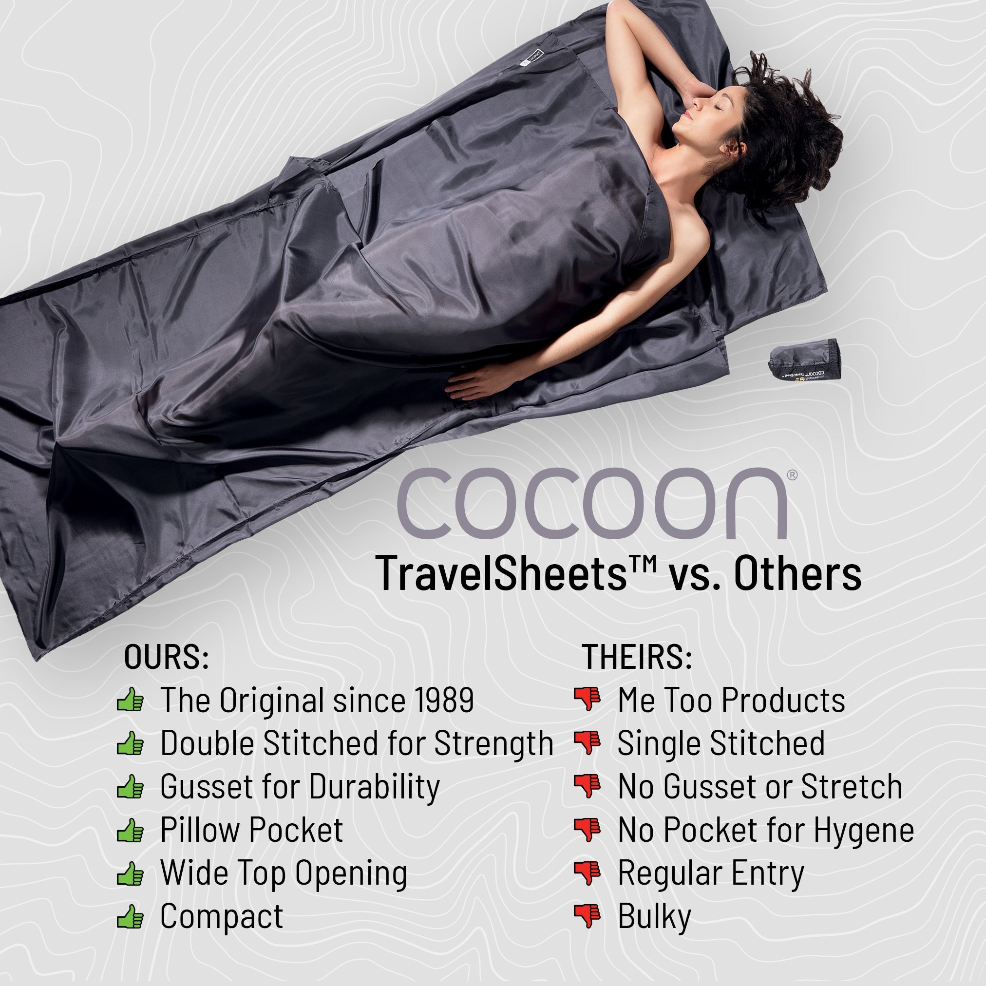 Extra large COCOON TravelSheet™ Cotton sheet with white fabric and blue trim, designed for comfortable travel and outdoor use.