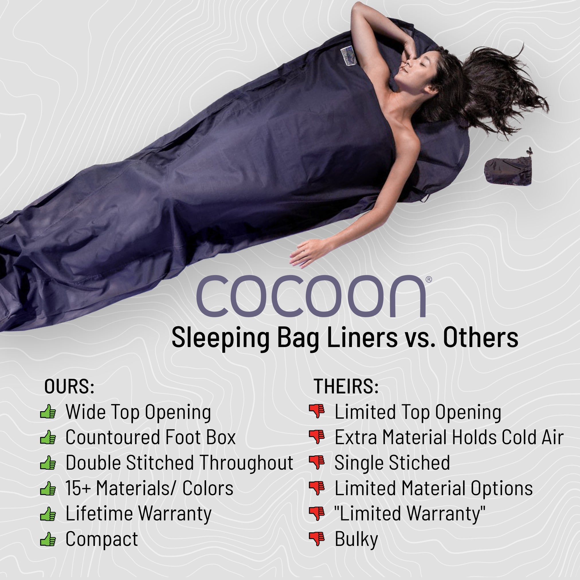 COCOON MummyLiner™ Silk sleeping bag liner in a comparison image showing various colors and sizes.