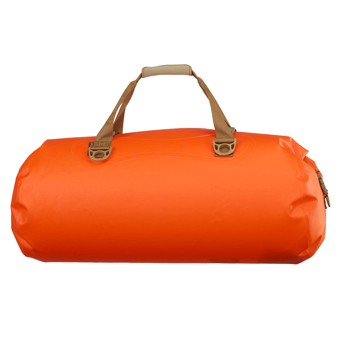 Orange duffel bag with brown handles on a white background