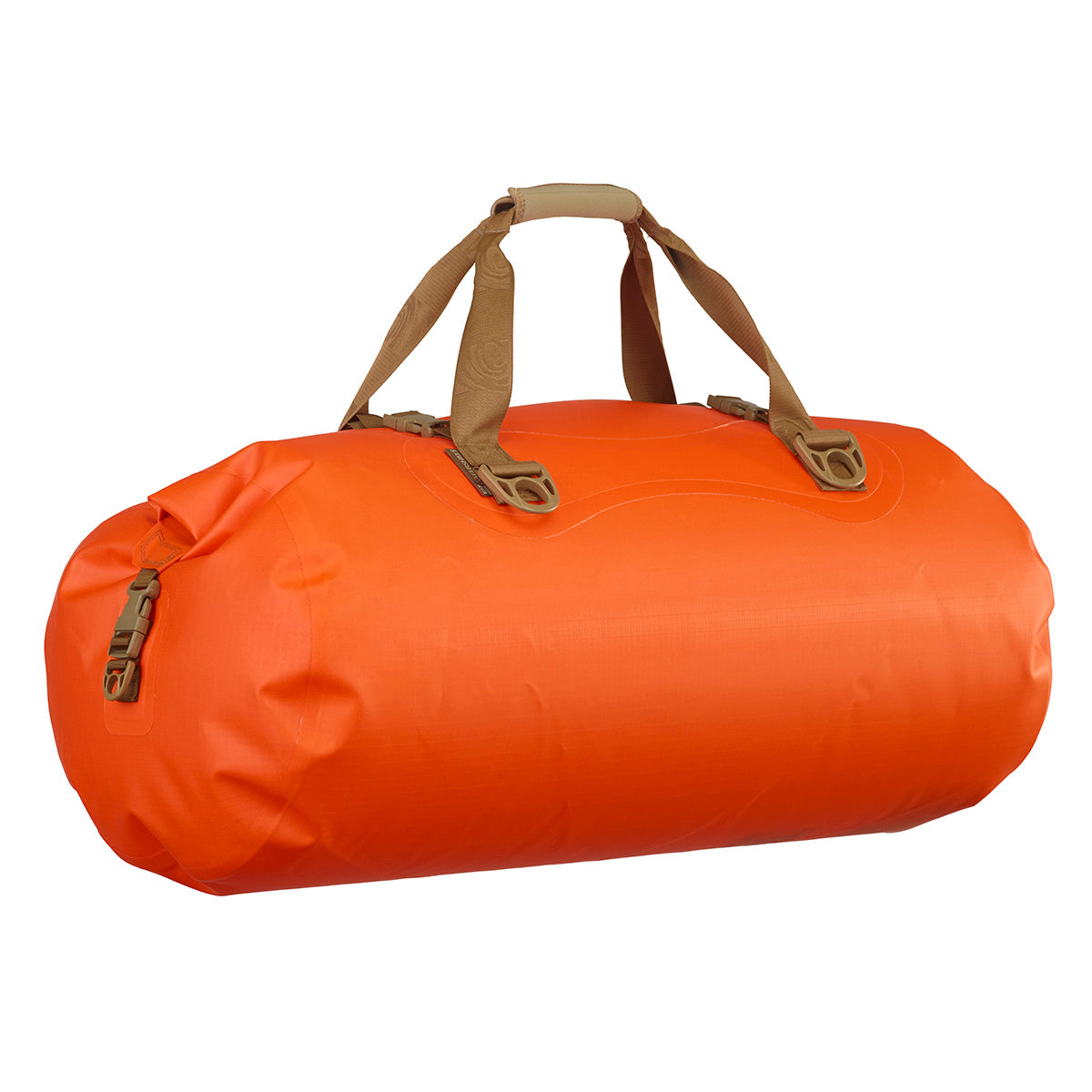 Orange duffel bag with brown handles on a white background