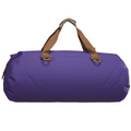 Purple duffel bag with brown straps on a white background