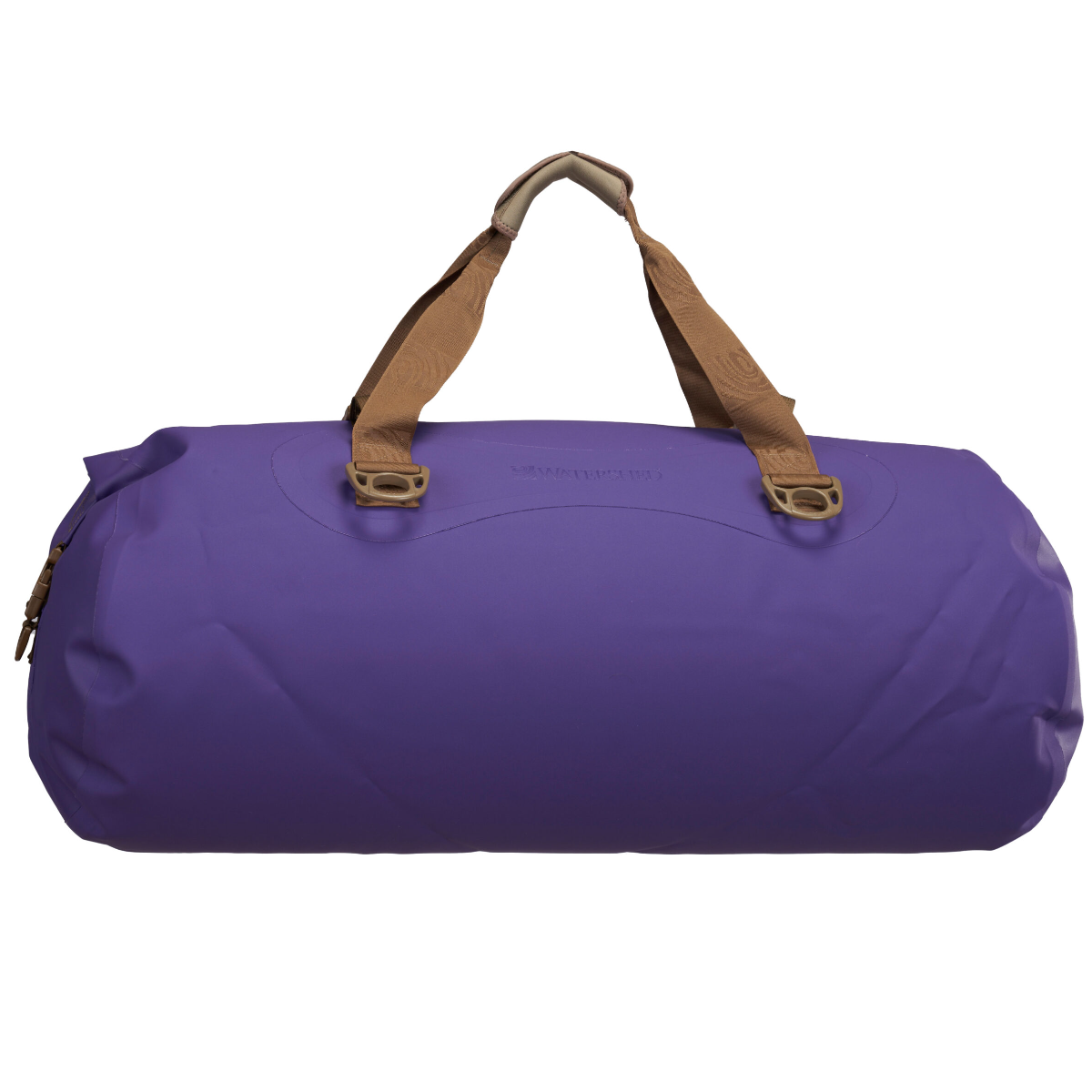 Purple duffel bag with brown straps on a white background