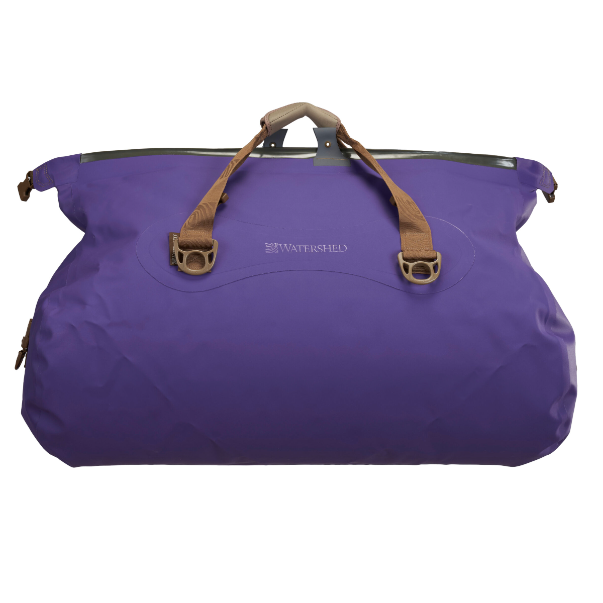 Purple bag with brown straps on a white background