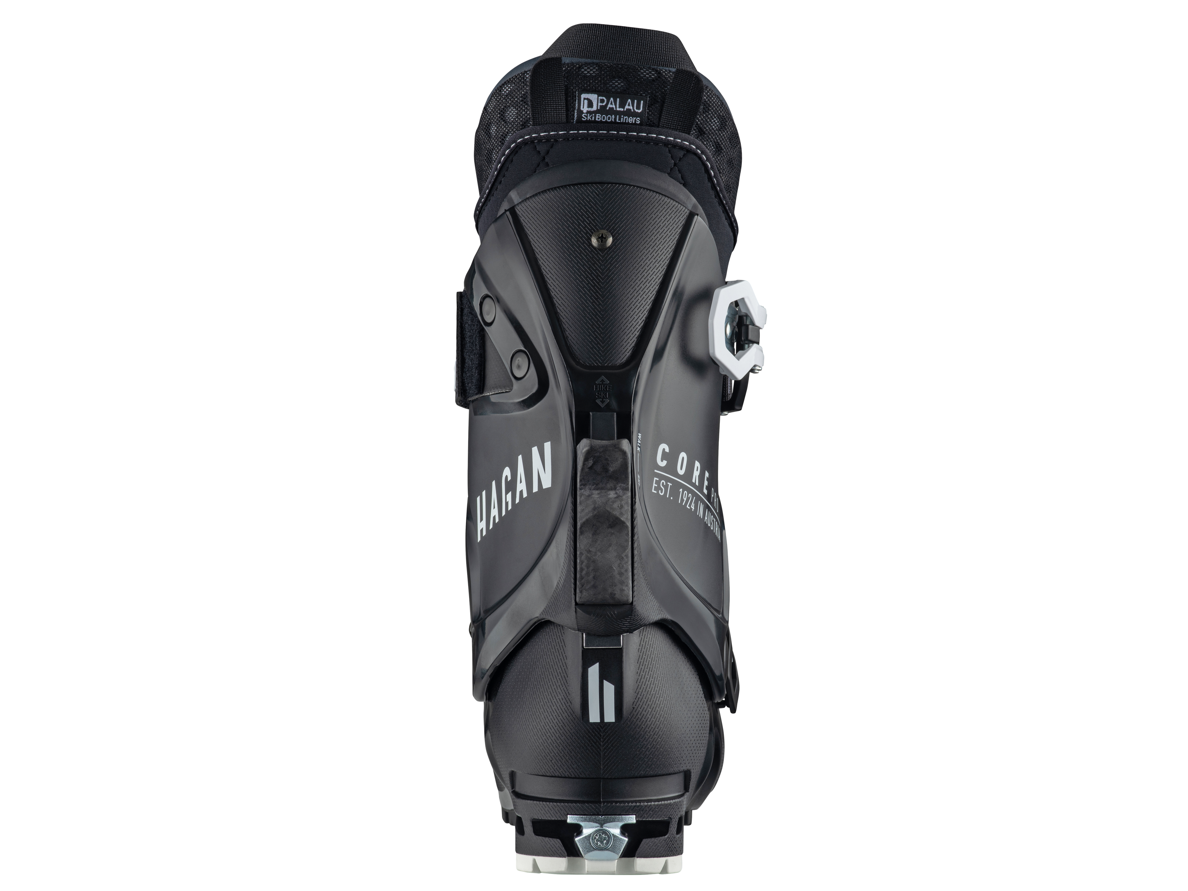 HAGAN Ski Mountaineering Core Pro Carbon ski mountaineering boots with black and red design, featuring adjustable buckles and sturdy construction.