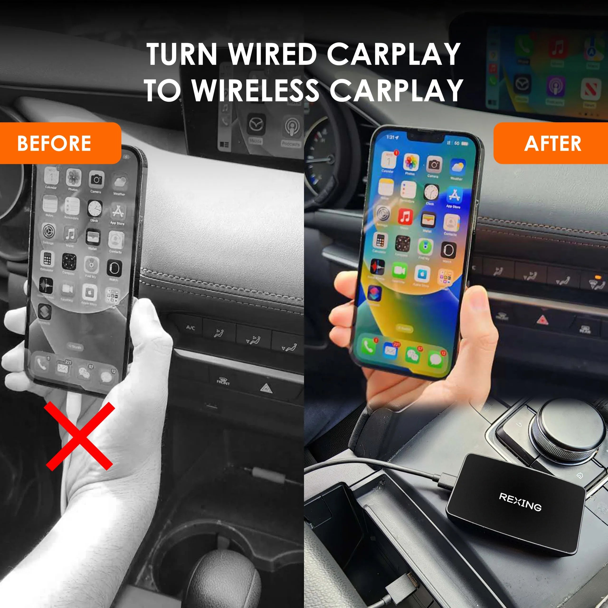 Rexing CPW-1 Wireless Apple CarPlay adapter connected to a vehicle dashboard, enabling wireless smartphone integration for car electronics.