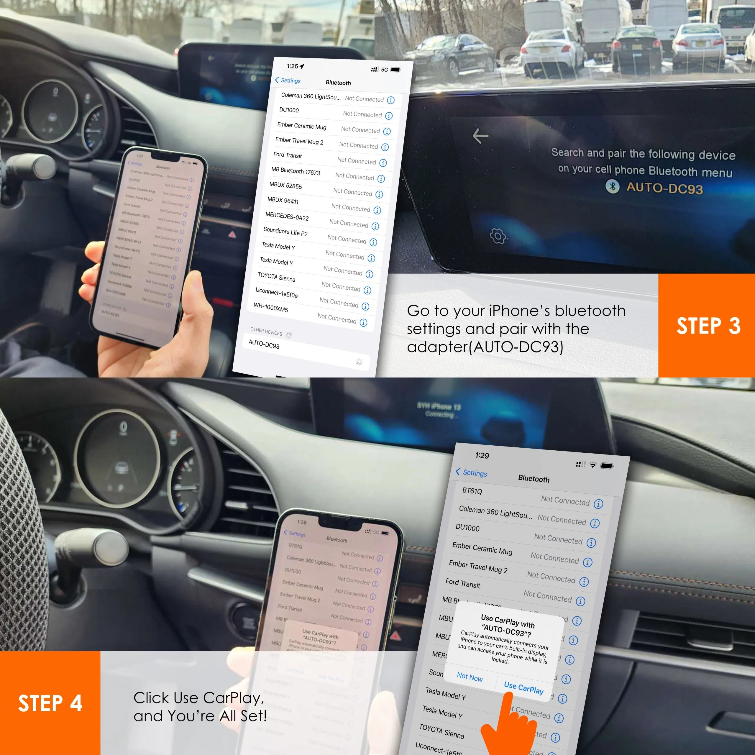 Rexing CPW-1 Wireless Apple CarPlay Adapter connected to a car dashboard, enabling wireless smartphone integration.
