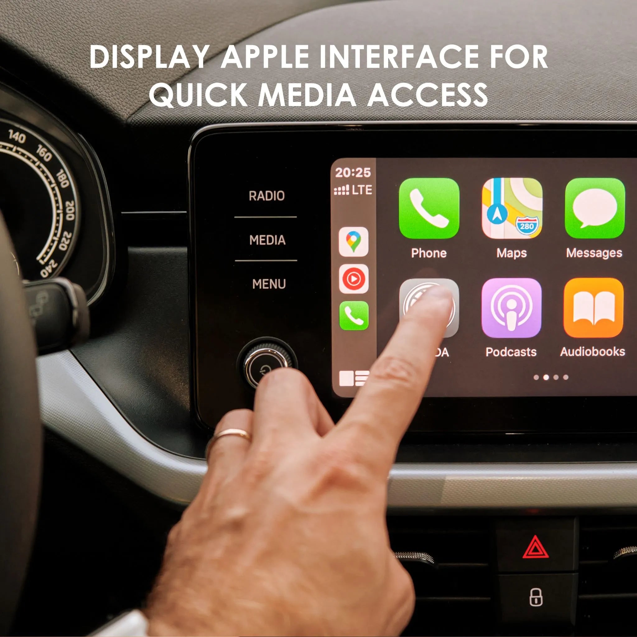 Wireless Rexing CPW-1 Apple CarPlay adapter connected to a car dashboard, enabling seamless smartphone integration for car electronics.