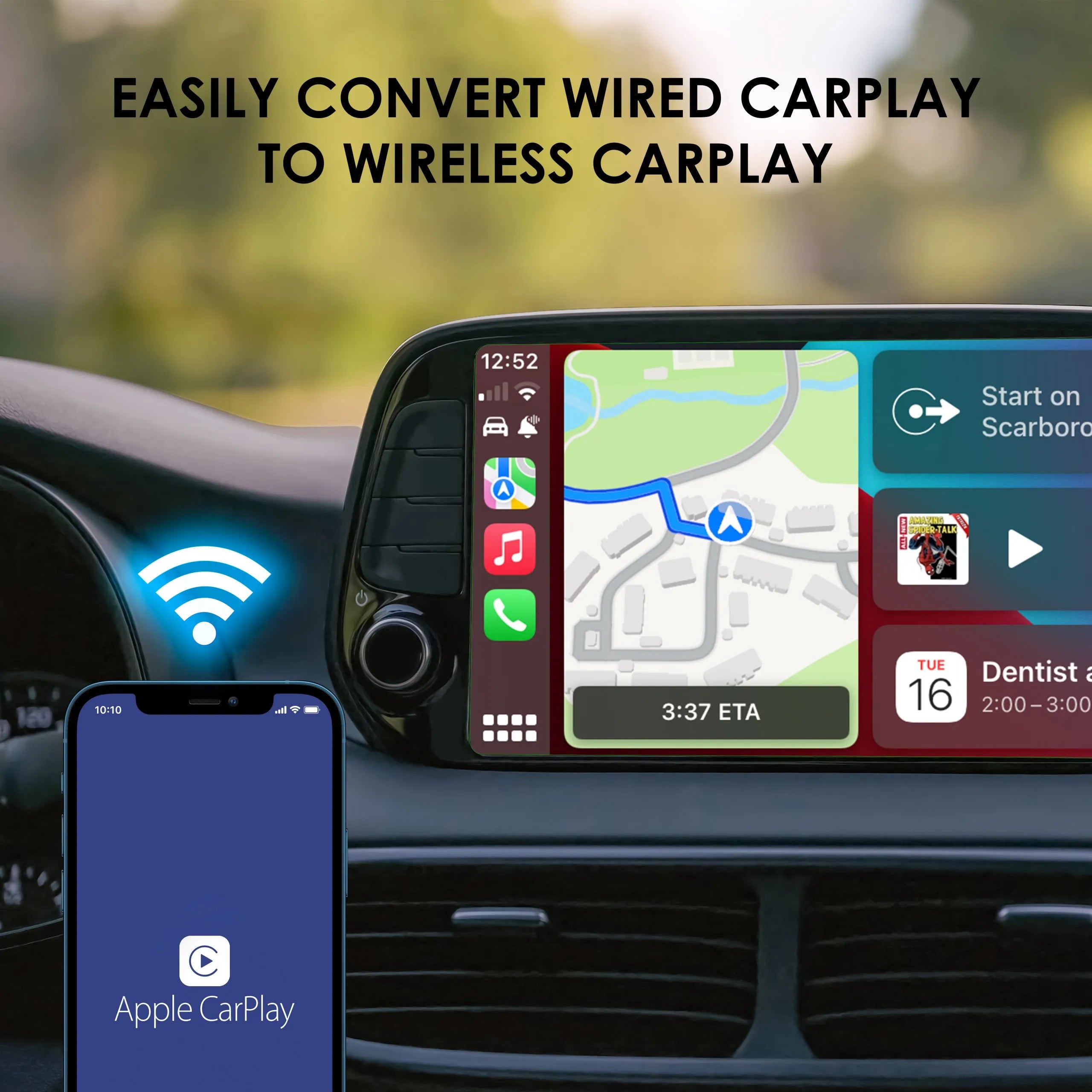 Rexing CPW-1 Wireless Apple CarPlay adapter connected to a car dashboard, enabling seamless iPhone integration with vehicle entertainment system.