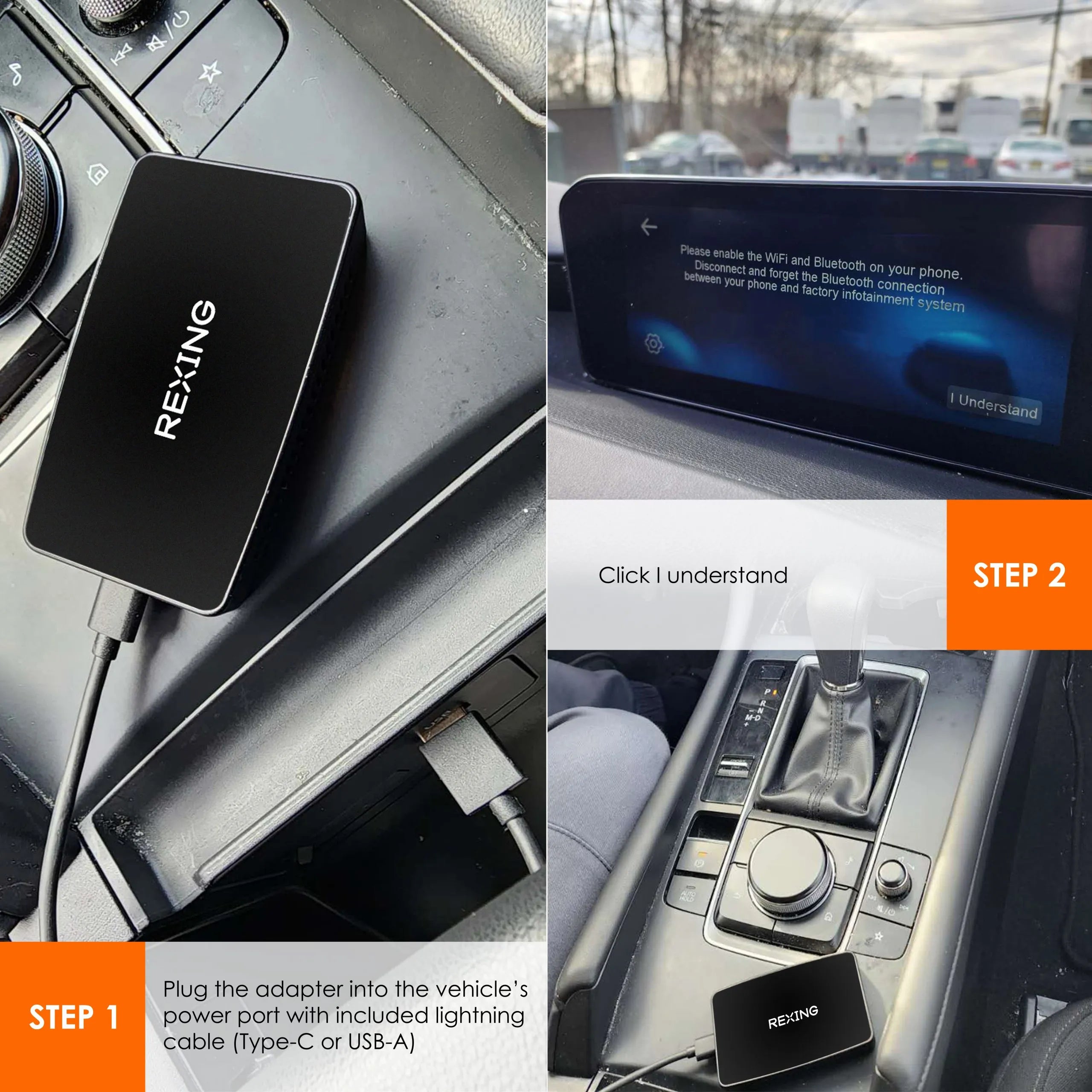 Rexing CPW-1 Wireless Apple CarPlay adapter connected to a car dashboard, enabling wireless smartphone integration with vehicle infotainment system.