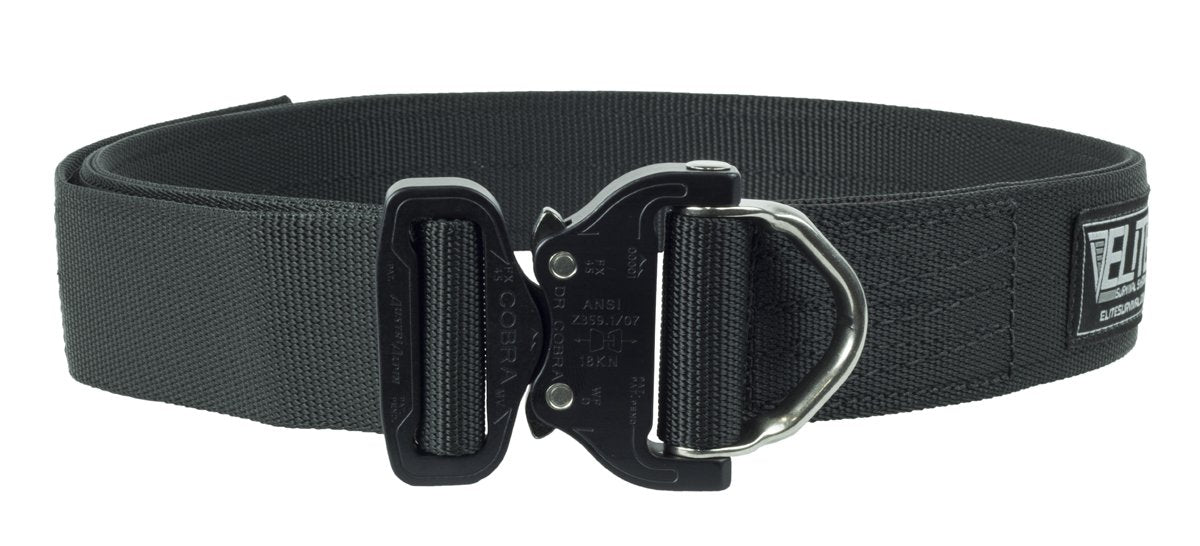 Elite Survival Systems Cobra belt with D ring buckle, showcasing durable fabric and sturdy construction for rigger's use.