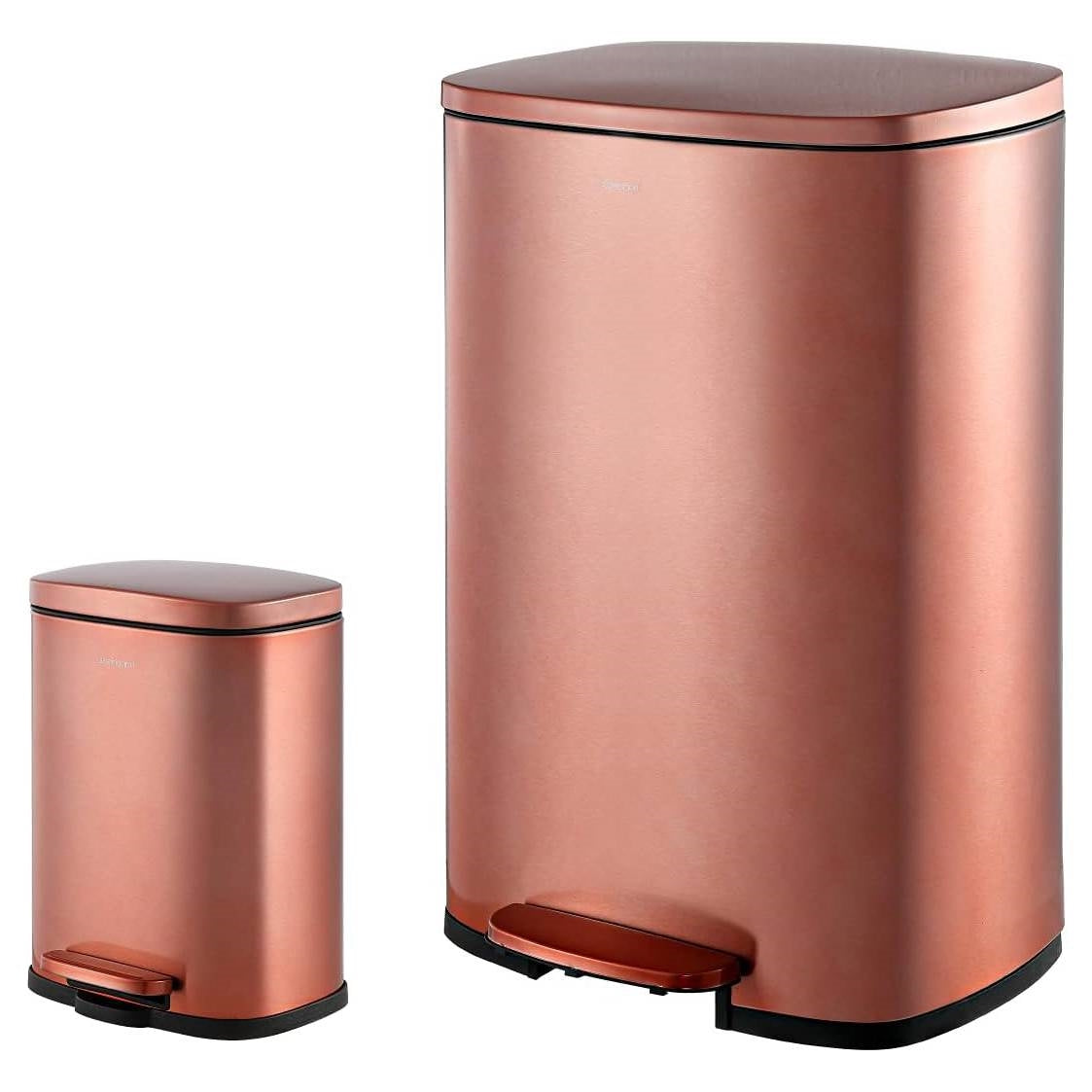 Set of 2 copper gold step-on trash cans by HomePacific, 13-gallon and 1.3-gallon kitchen trash cans with foot pedals.