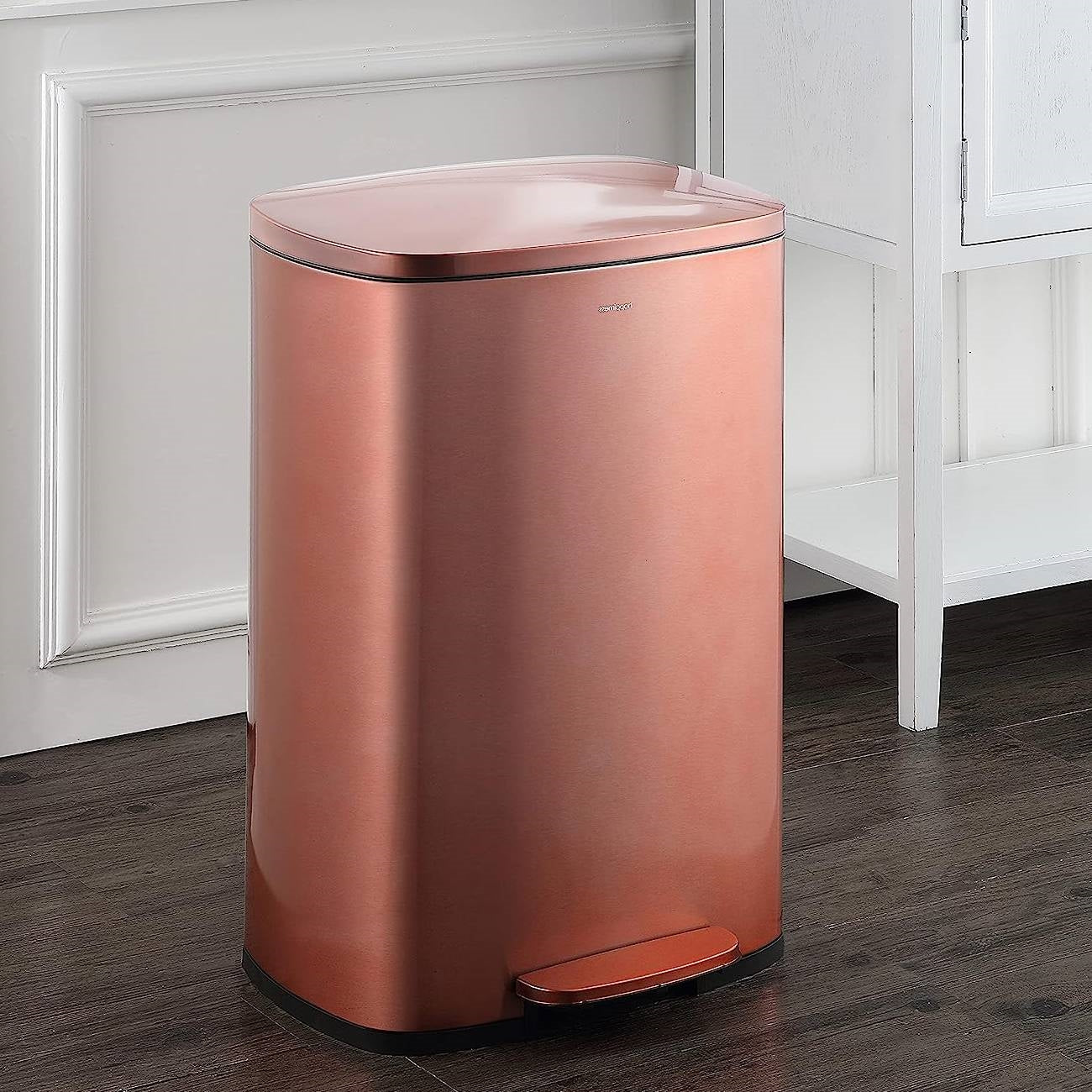 Set of 2 copper gold step-on trash cans from HomePacific, 13-gallon and 1.3-gallon kitchen waste bins with foot pedals.