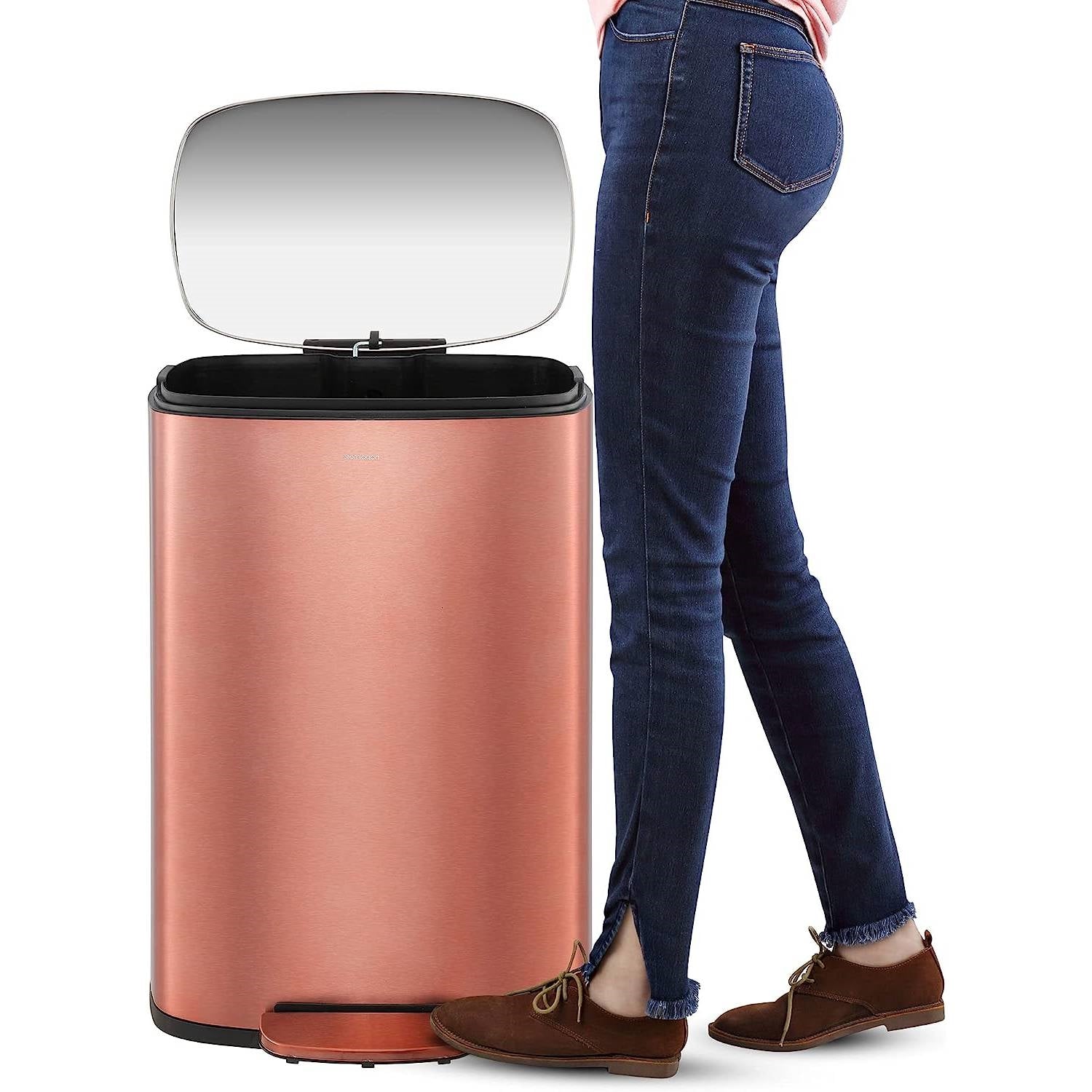 Set of 2 copper gold step-on trash cans by HomePacific, 13-gallon and 1.3-gallon kitchen trash cans with pedal lids.