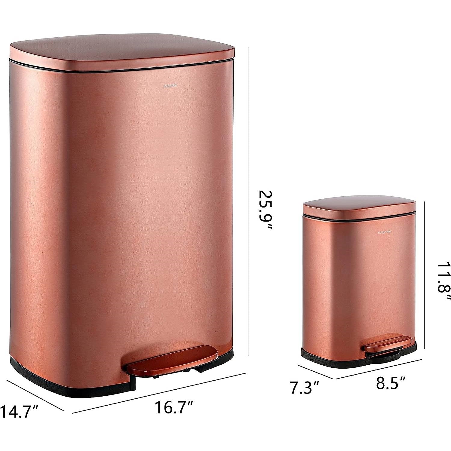 Set of two copper gold step-on trash cans by HomePacific, 13-gallon and 1.3-gallon kitchen trash and recycle bins.