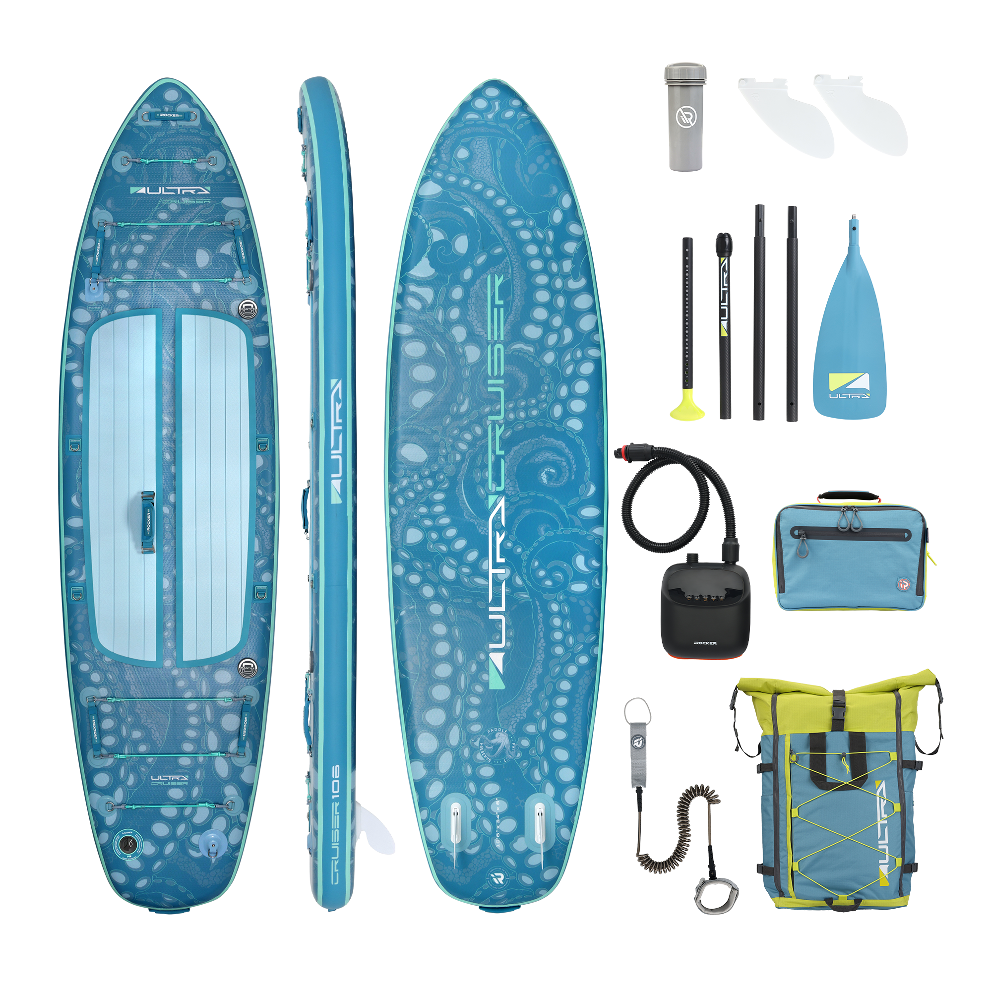 iROCKER US Cruiser Ultra™ 3.0 paddle board on water with a sleek design and blue accents, ready for outdoor paddling adventures.