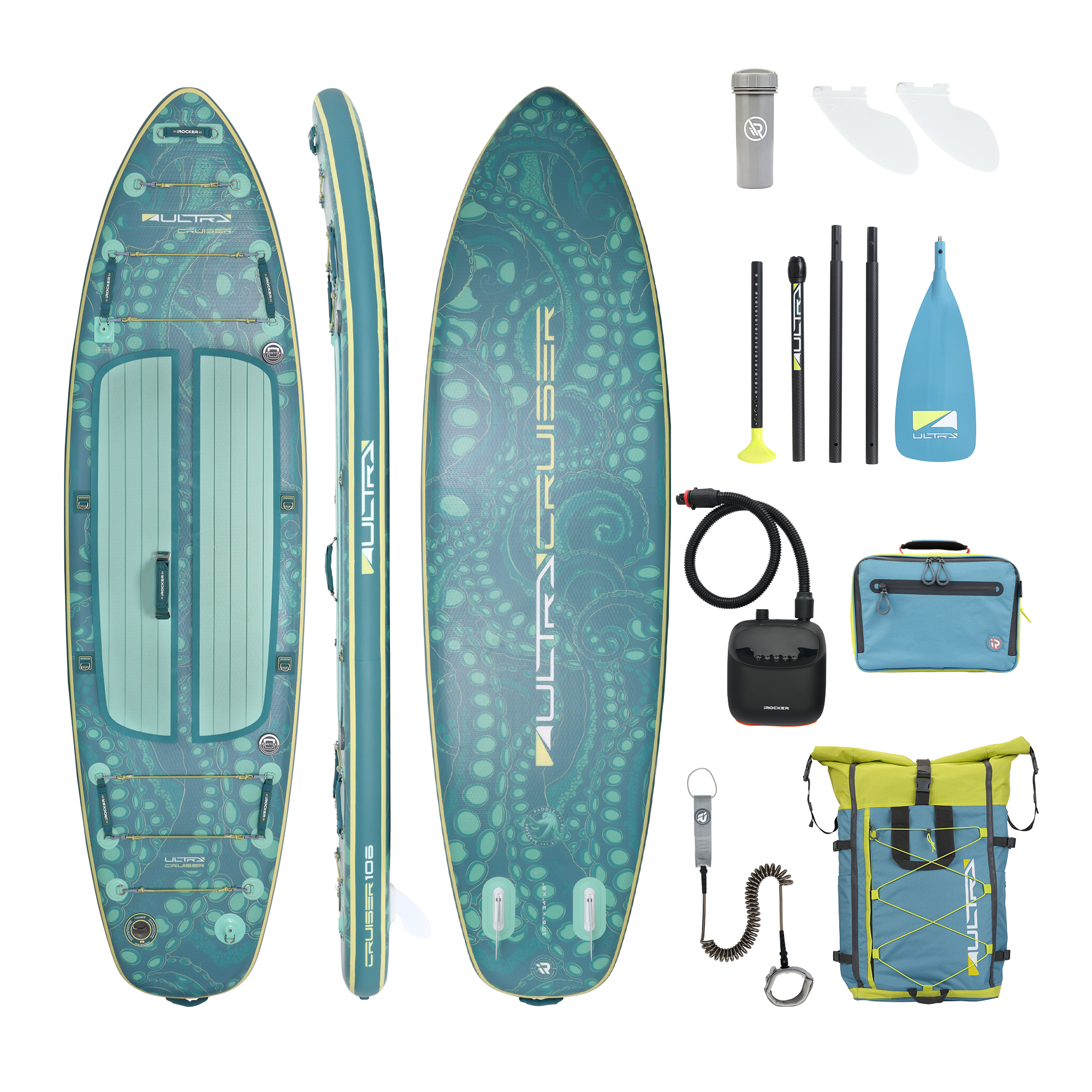 iROCKER US Cruiser Ultra™ 3.0 paddle board on reef, showcasing its sleek design and durable construction for water adventures.
