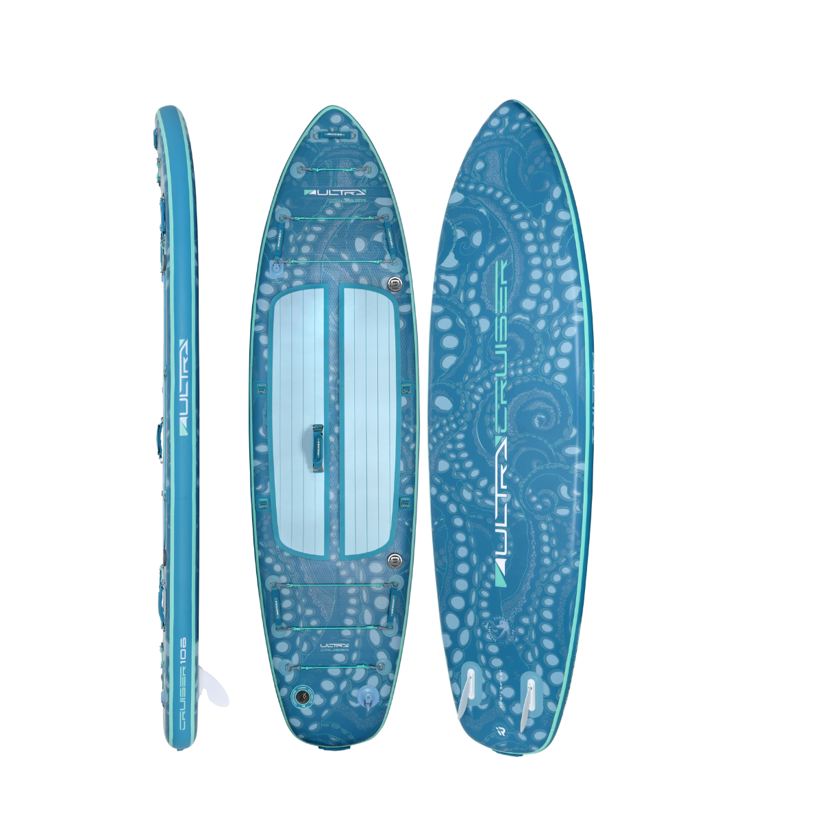iROCKER US Cruiser Ultra™ 3.0 paddle board on water, showcasing its sleek design and sturdy construction.