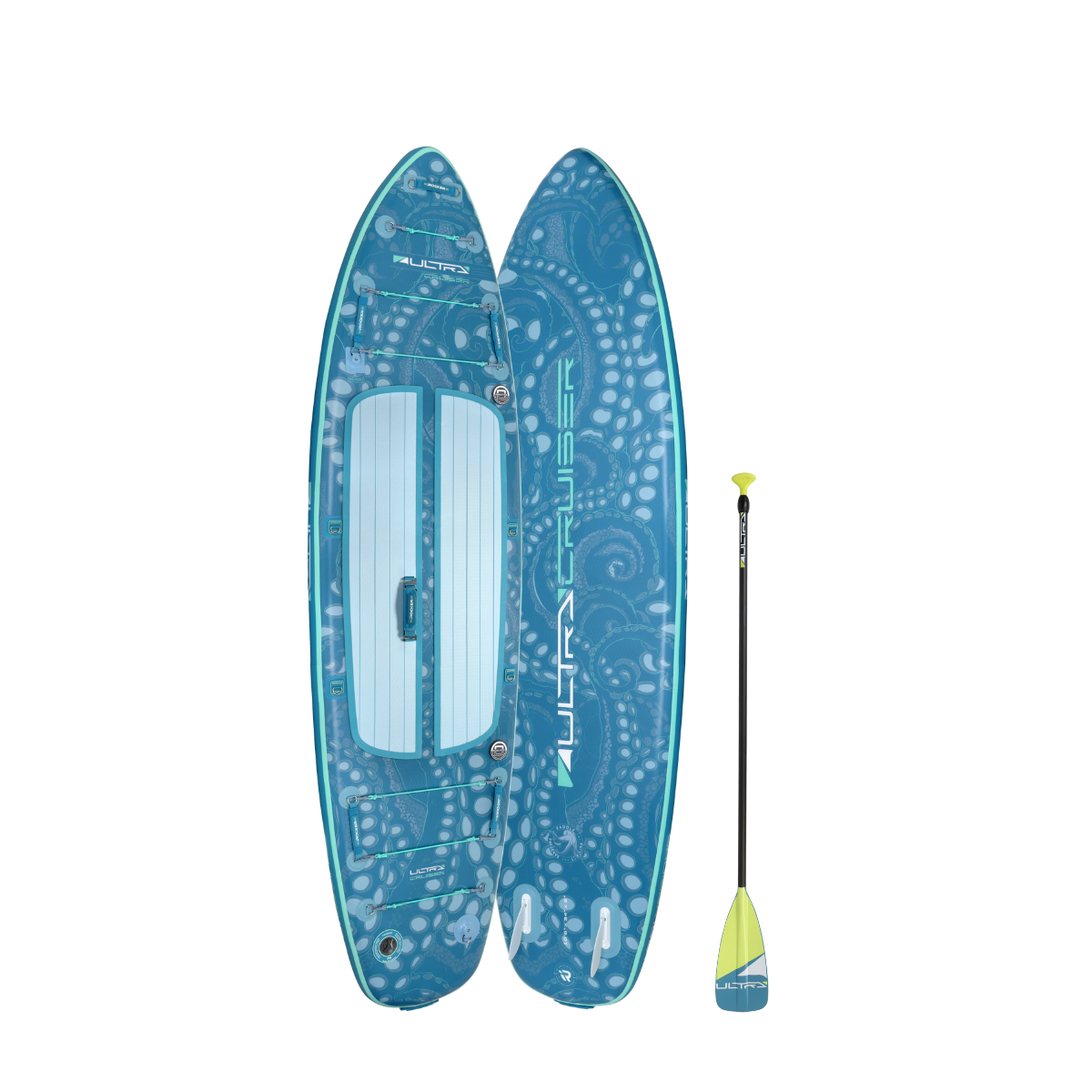 iROCKER US Cruiser Ultra™ 3.0 paddle board on water, showcasing its sleek design and sturdy construction for all-level paddling.