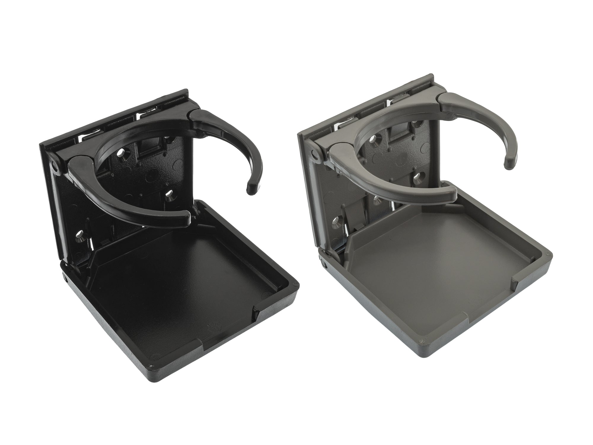 GoWesty folding cup holder with adjustable pivoting arms, showing a compact design with secure cup retention.