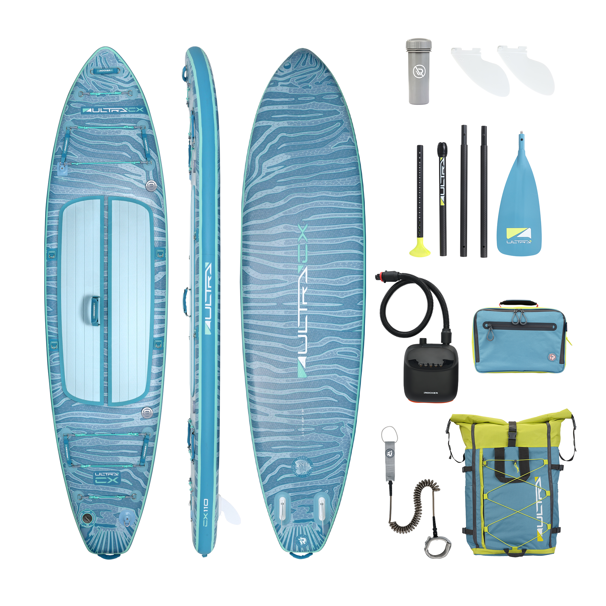iROCKER US CX ULTRA™ 3.0 paddle board on water with a breeze, showcasing its sleek design and durable construction