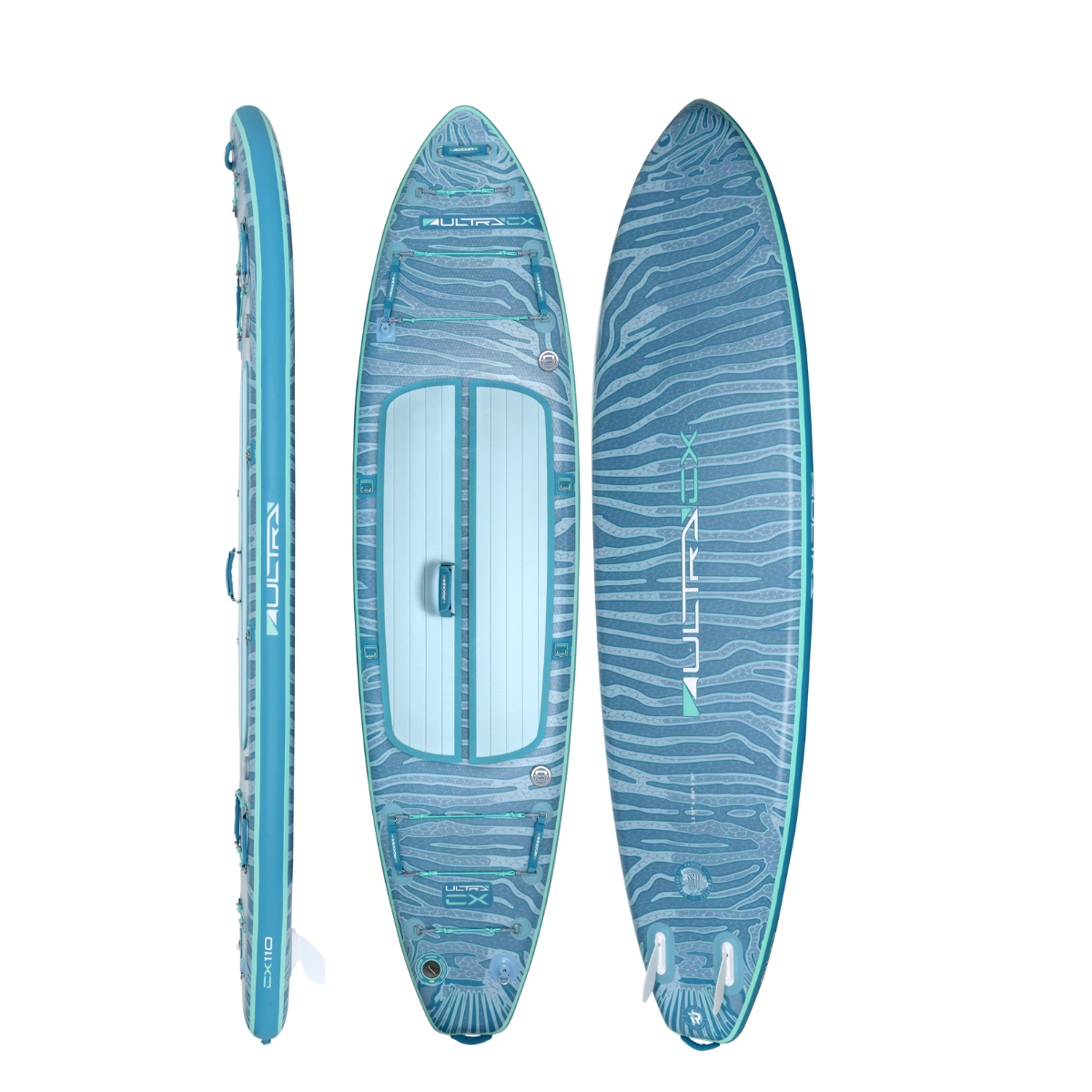 iROCKER US CX ULTRA™ 3.0 paddle board lying on water with a paddle, showcasing its sleek design and sturdy construction.