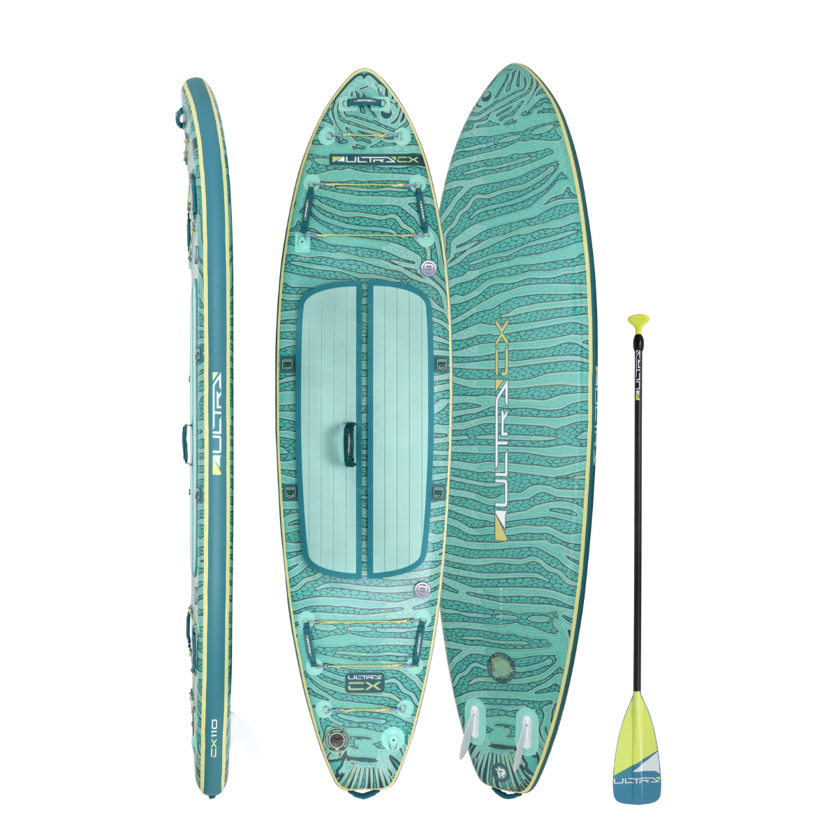 iROCKER US CX ULTRA™ 3.0 paddle board on water, showcasing its sleek design and durable construction for stand-up paddleboarding.