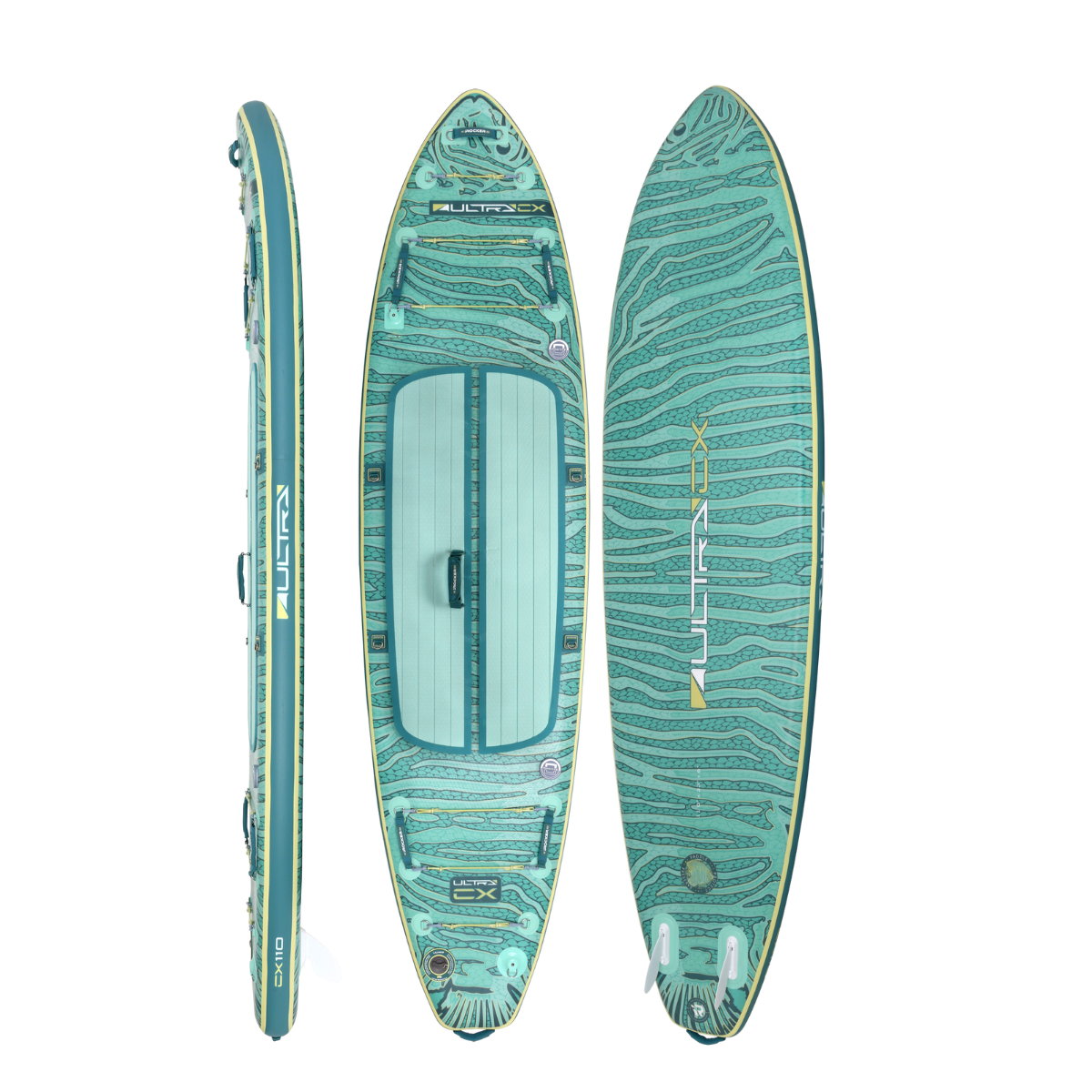iROCKER US CX ULTRA™ 3.0 paddle board floating on water with a sleek design and bright color.
