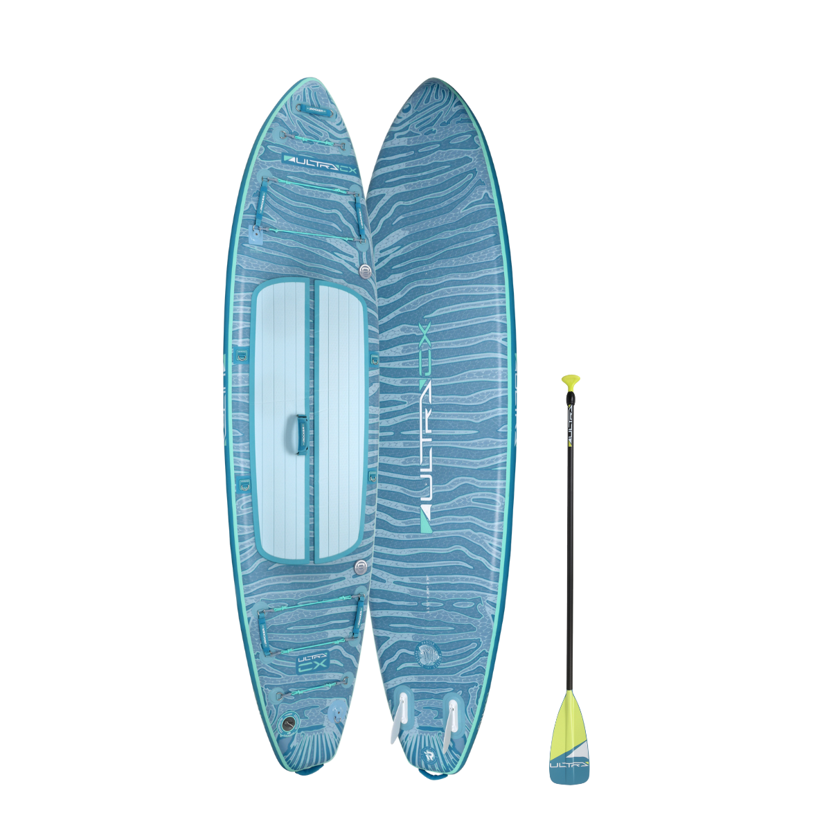 iROCKER US CX ULTRA™ 3.0 paddle board on water, showcasing its sleek design and durable construction for water adventures.