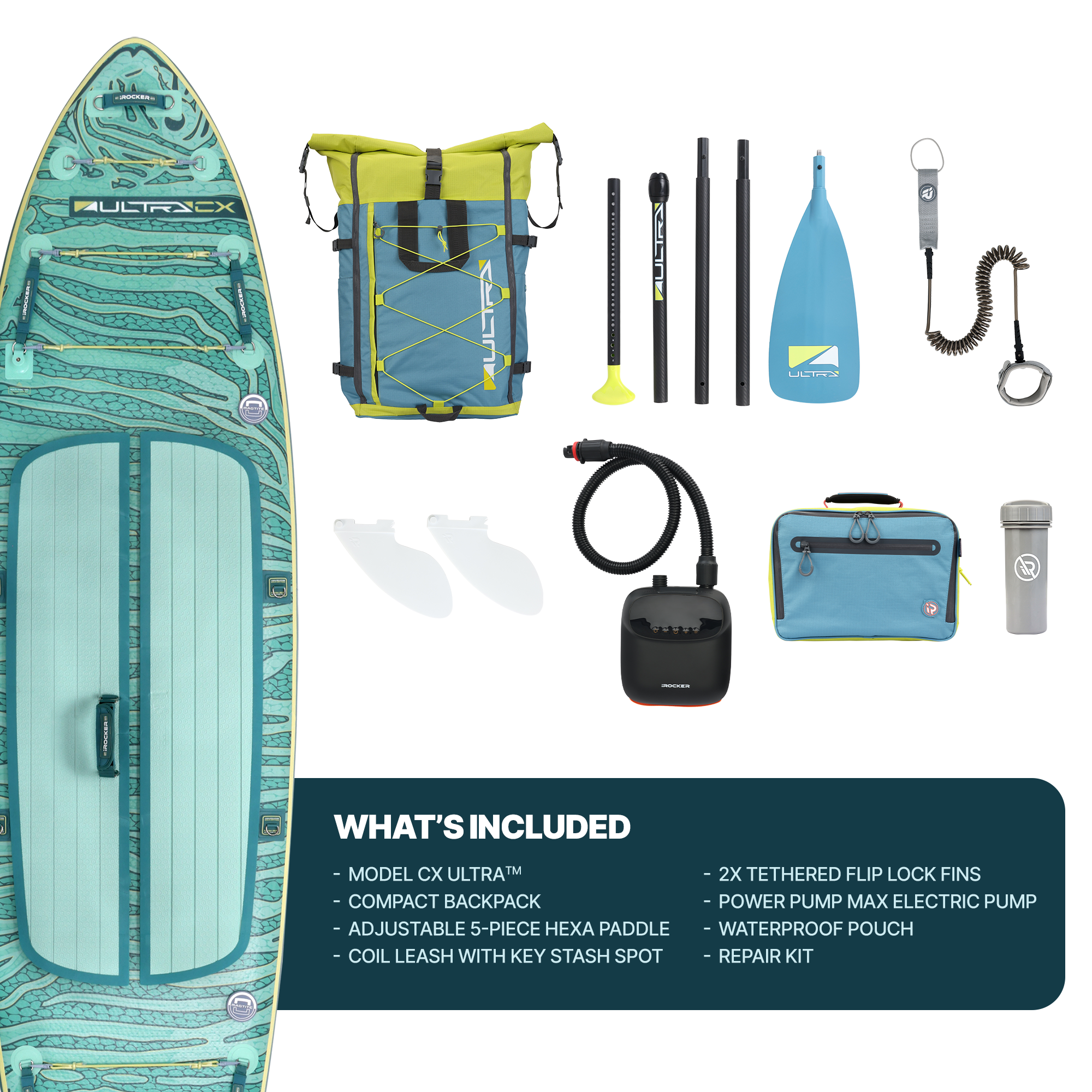 iROCKER US CX ULTRA™ 3.0 paddle board on reef, showcasing durable inflatable design and textured deck for stability.