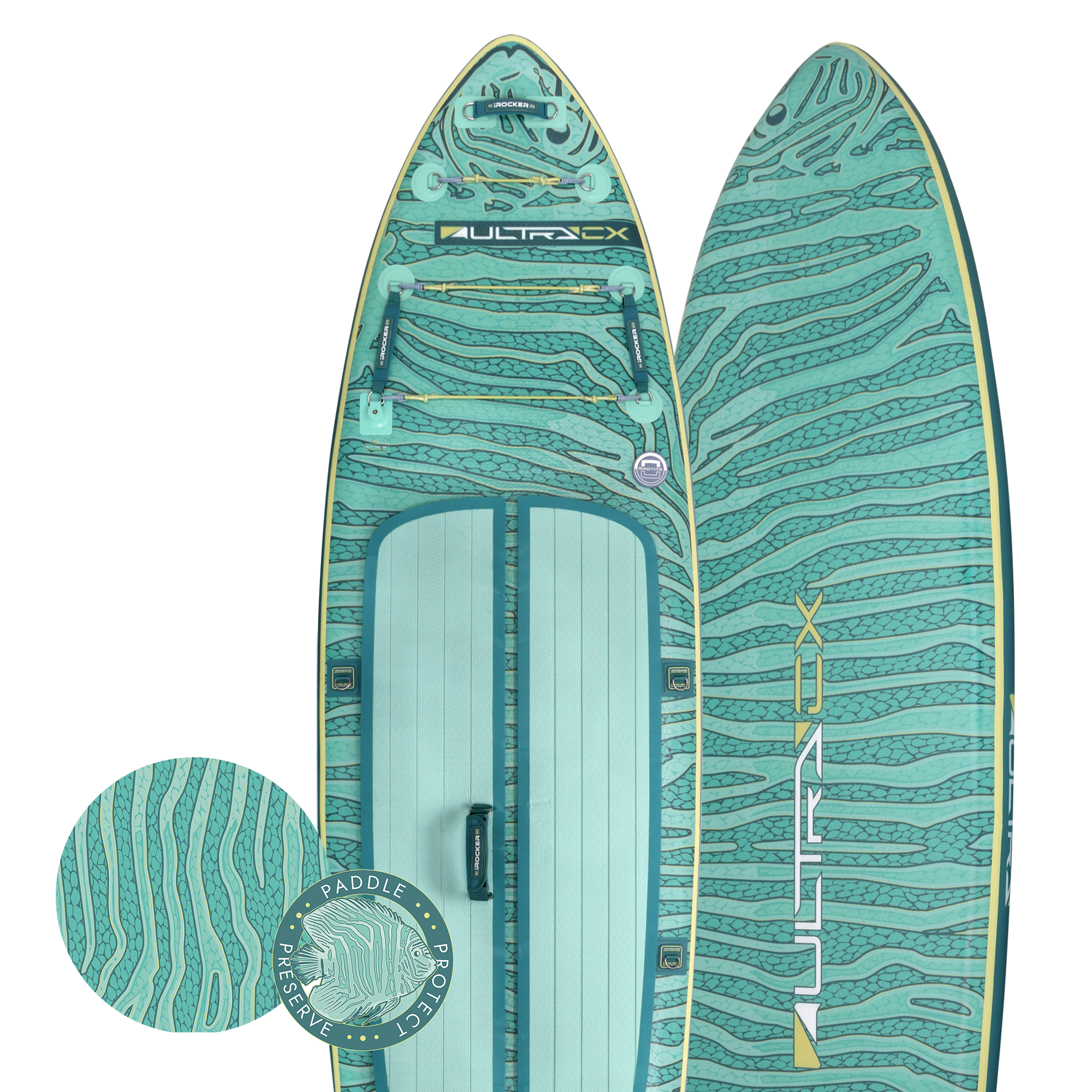iROCKER US CX ULTRA™ 3.0 paddle board on reef, showcasing its sleek design and durable construction for water adventures.