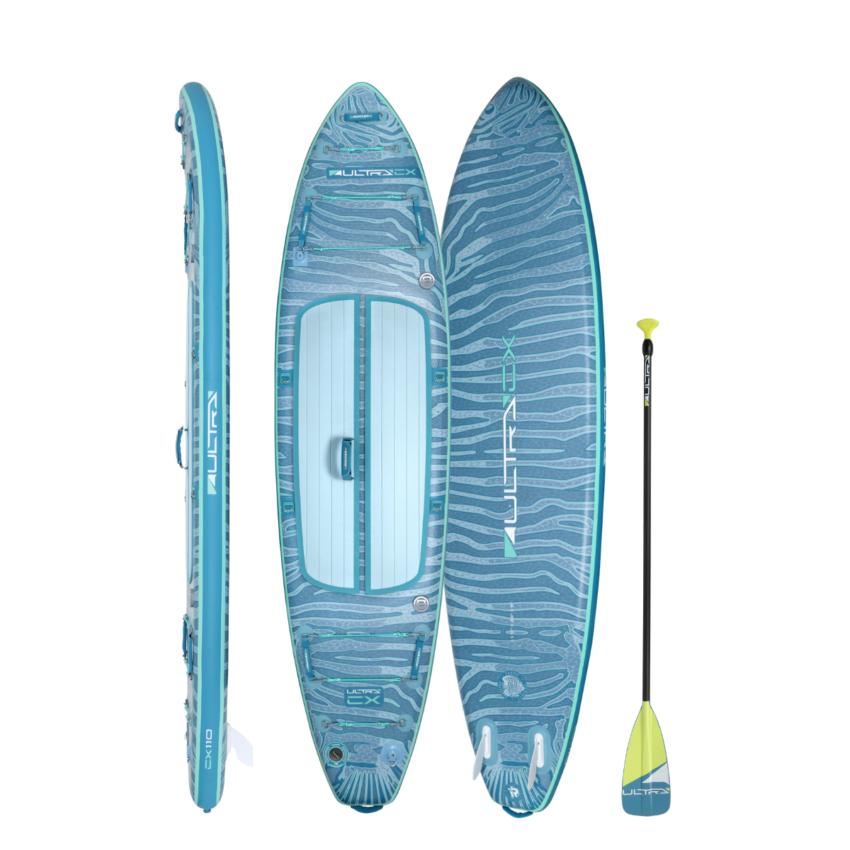 iROCKER US CX ULTRA™ 3.0 paddle board shown on water with a sleek blue design and standing paddle ready for use.