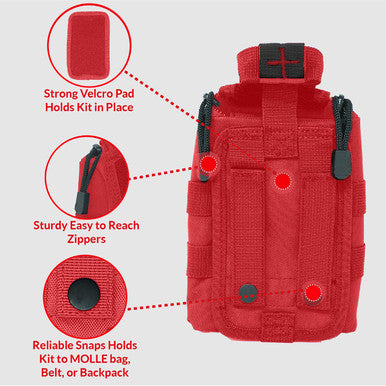 MediTac Kits premium tactical first aid kit with rip-away Velcro, SOF tourniquet, and CELOX for emergency medical use.