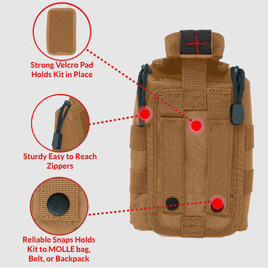 MediTac Kits premium tactical IFAK first aid kit with rip-away Velcro, SOF tourniquet, and CELOX for emergency medical use.