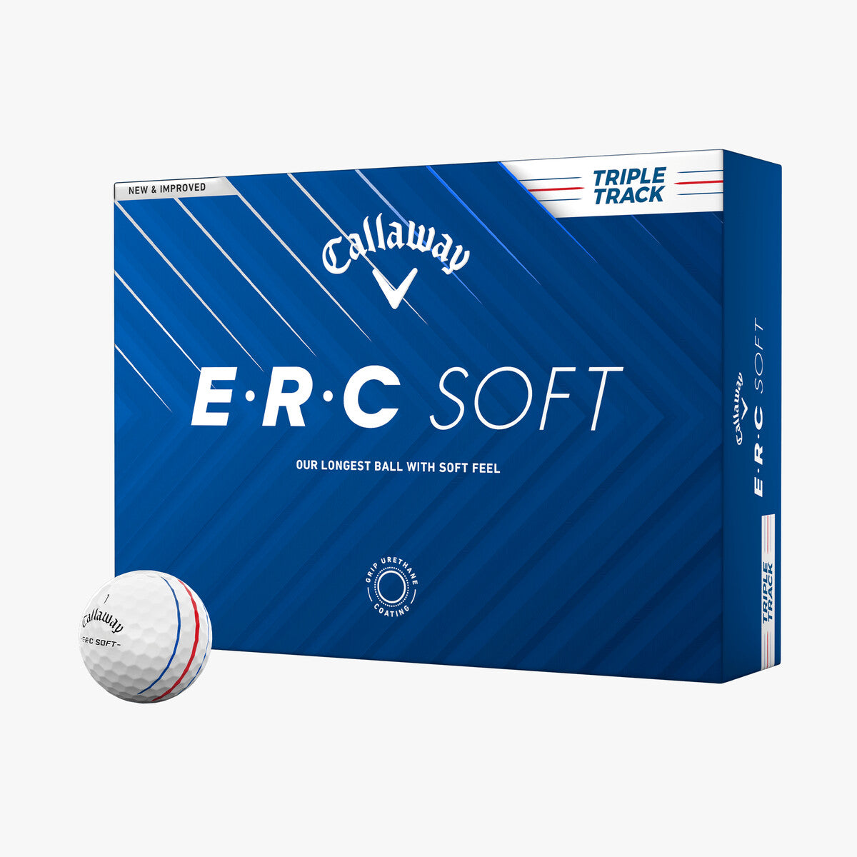 Callaway ERC Soft golf balls with Triple Track technology, shown in bright white with colorful branding and textured surface.