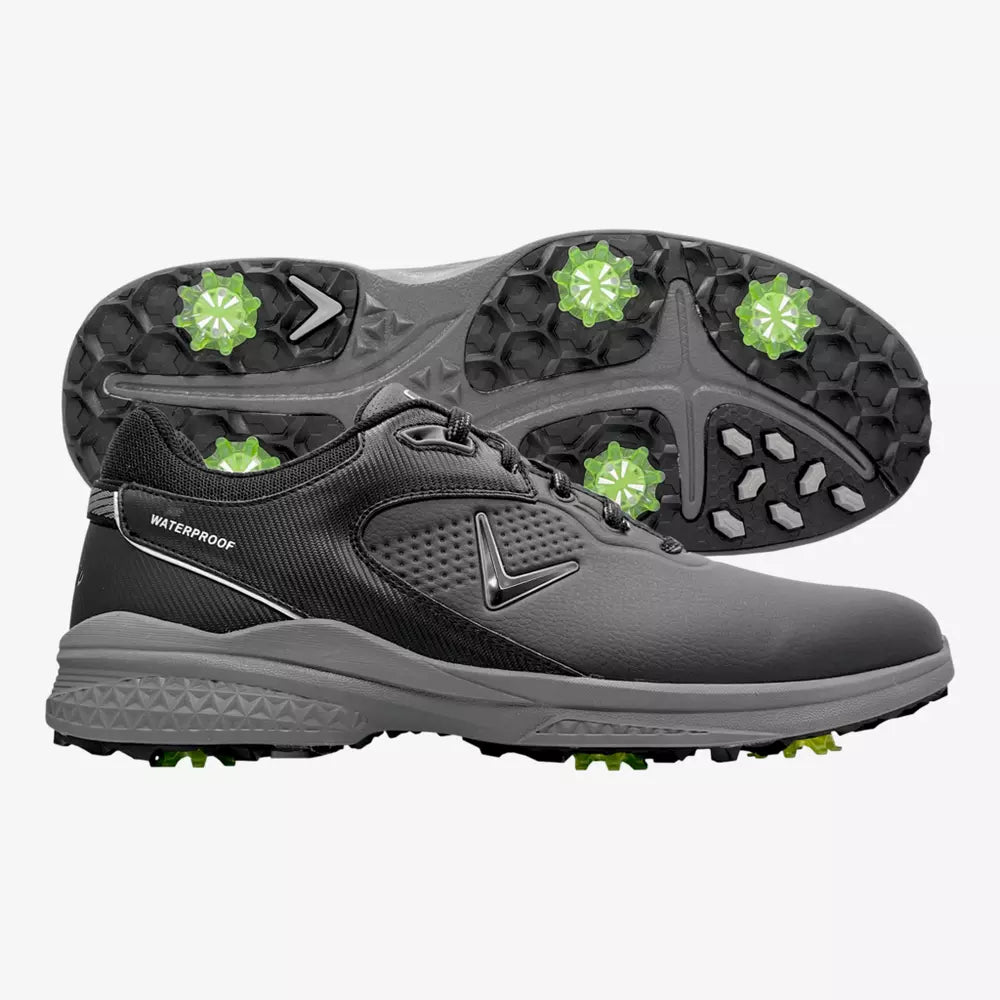 Callaway men's Solana TRX V3 golf shoes in white and black with waterproof design and sporty style, suitable for golf players.