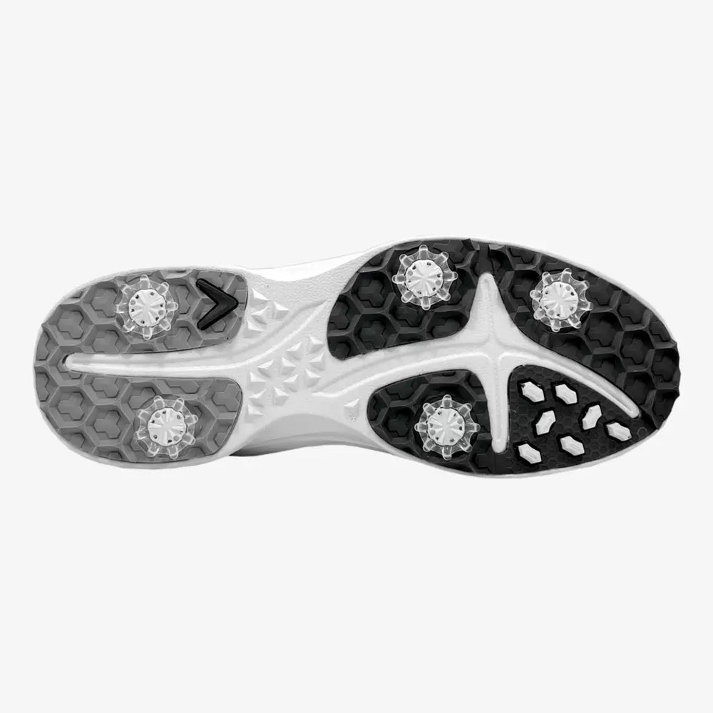 Callaway men's Solana TRX V3 golf shoes with black and white design, featuring sporty athletic style for on-course performance.