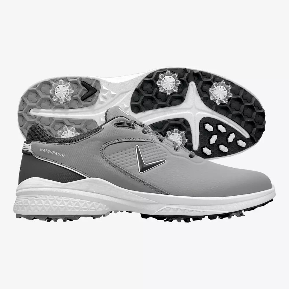 Callaway men's Solana TRX V3 golf shoes in white with black accents, featuring sporty design and athletic sole for golf course performance.