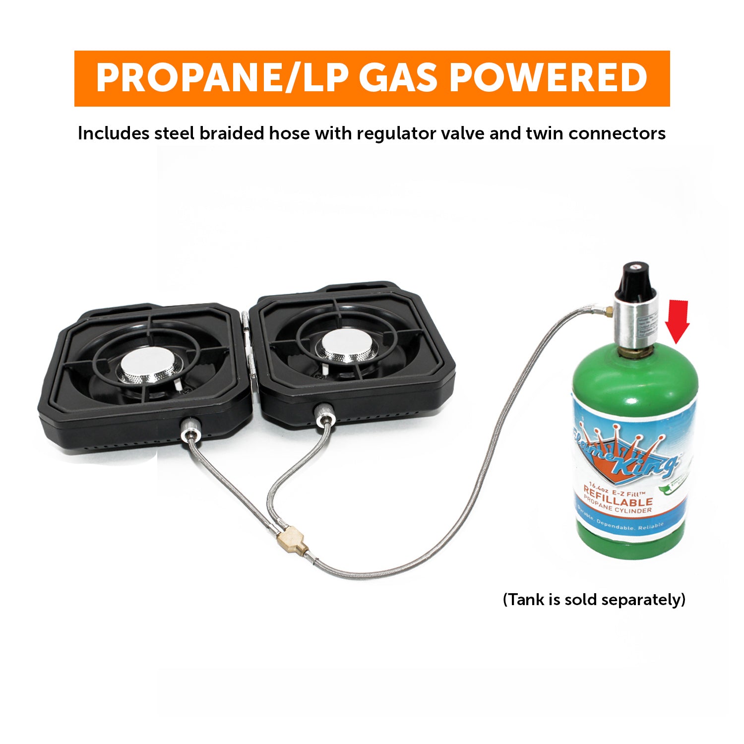Flame King Portable Propane Campact Cooker grill with compact design and adjustable burners for outdoor camping cooking.