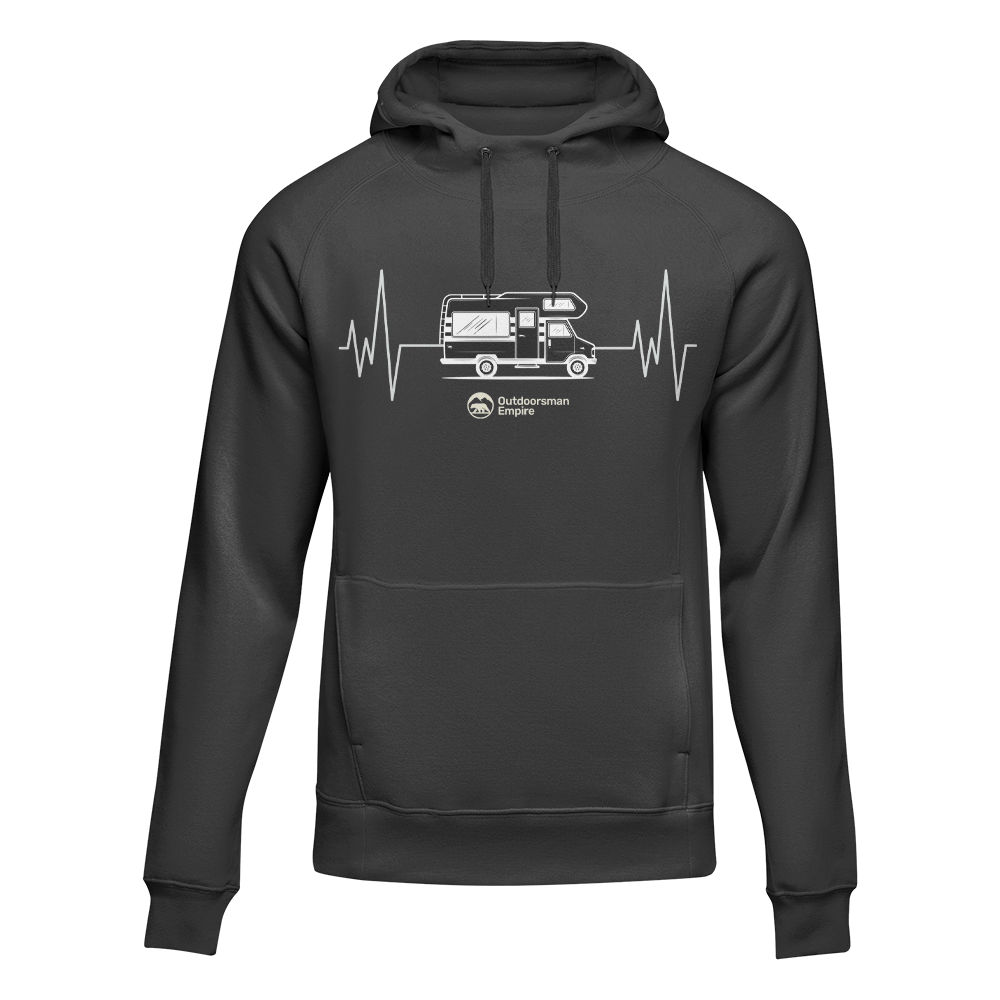Black unisex hoodie with camping cardiogram design from Outdoorzees, featuring a cozy outdoor-inspired style.