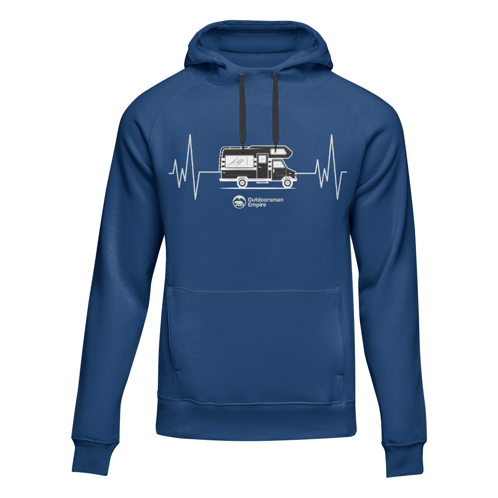 Blue unisex hoodie by Outdoorzees featuring a camping cardiogram design, made for comfortable outdoor and casual wear.