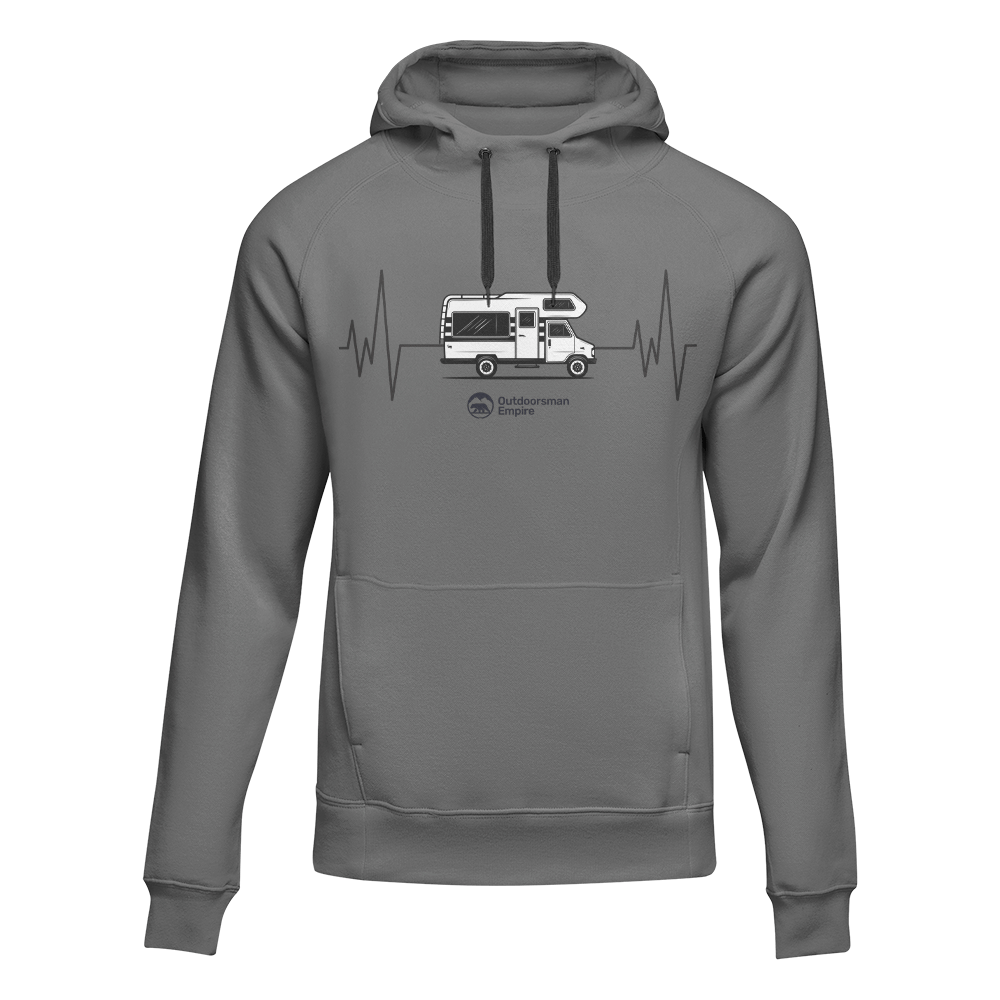 Unisex grey hoodie by Outdoorzees featuring a camping cardiogram design, casual fit, and comfortable fabric for outdoor enthusiasts.