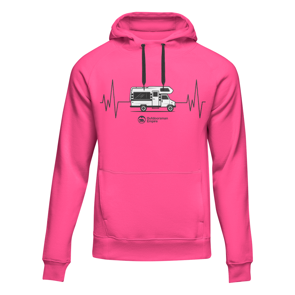 Pink unisex hoodie with camping cardiogram graphic from Outdoorzees, cozy casual wear for outdoor enthusiasts.