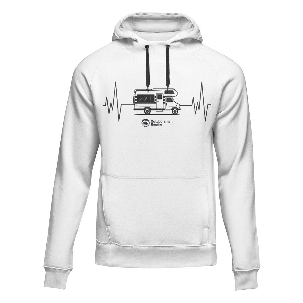 Unisex white hoodie by Outdoorzees featuring a camping cardiogram graphic on the front, casual and comfortable outdoor-inspired apparel.