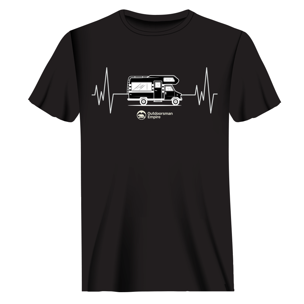 Black Camping Cardiogram Man T-Shirt by Outdoorzees, featuring a casual fit and outdoor-inspired design.